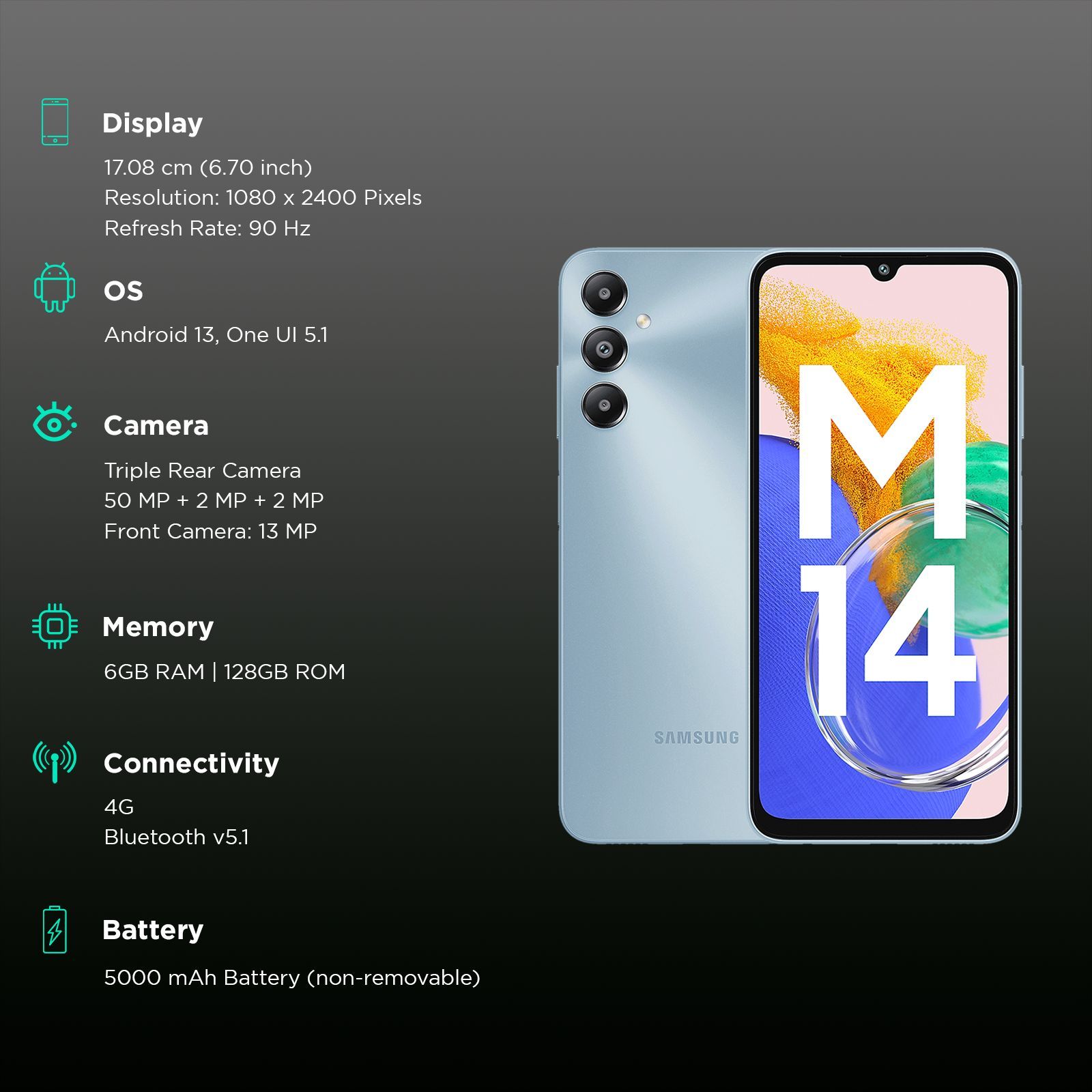 SAMSUNG Galaxy M14 (6GB RAM, 128GB, Arctic Blue)_3