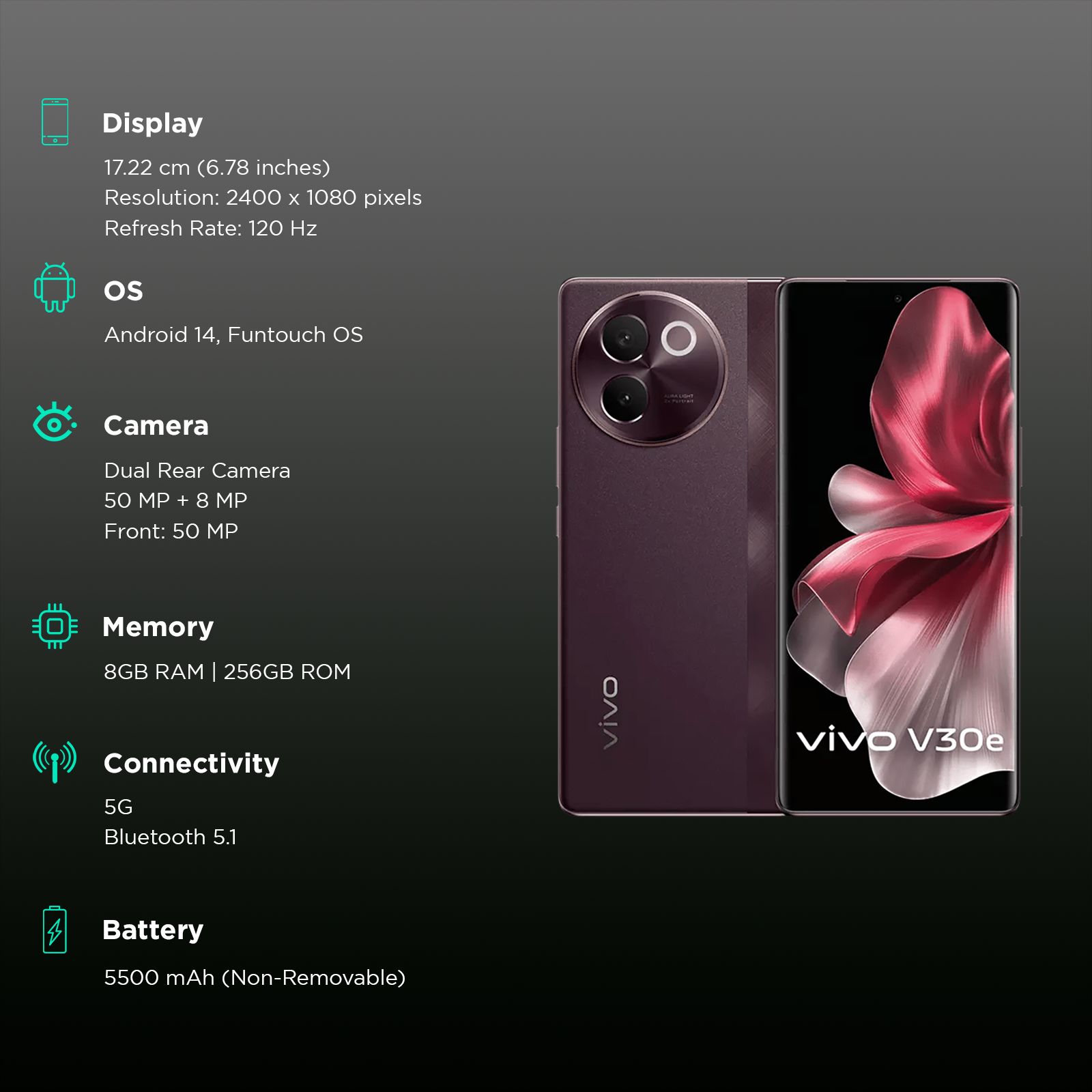 vivo V30e 5G (8GB RAM, 256GB, Velvet Red) vivo V30e 5G (8GB RAM, 256GB, Velvet Red)_3