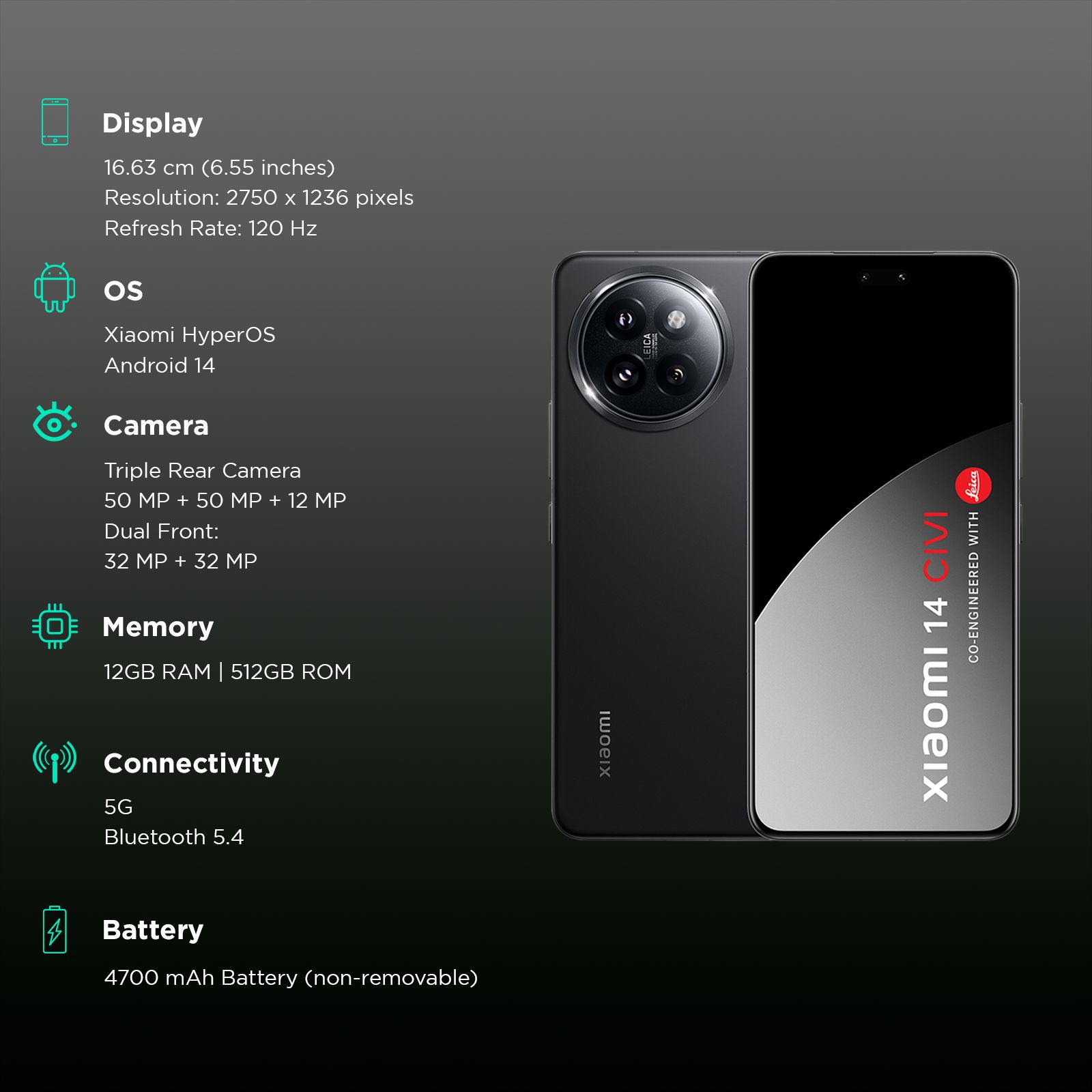 Xiaomi 14 CIVI 5G (12GB RAM, 512GB, Shadow Black) Xiaomi 14 CIVI 5G (12GB RAM, 512GB, Shadow Black)_3