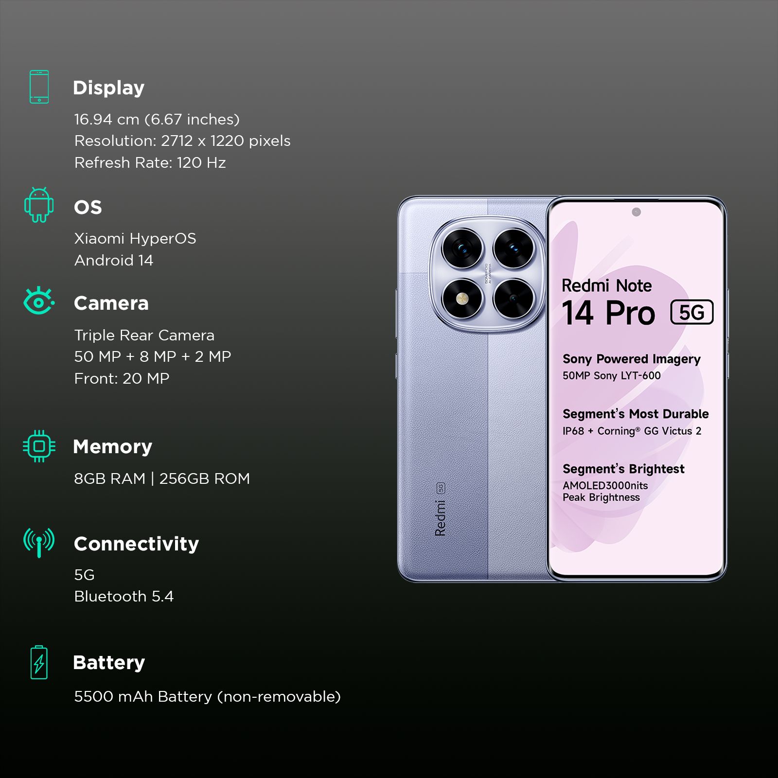 Redmi Note 14 Pro 5G (8GB RAM, 256GB, Phantom Purple) Redmi Note 14 Pro 5G (8GB RAM, 256GB, Phantom Purple)_3