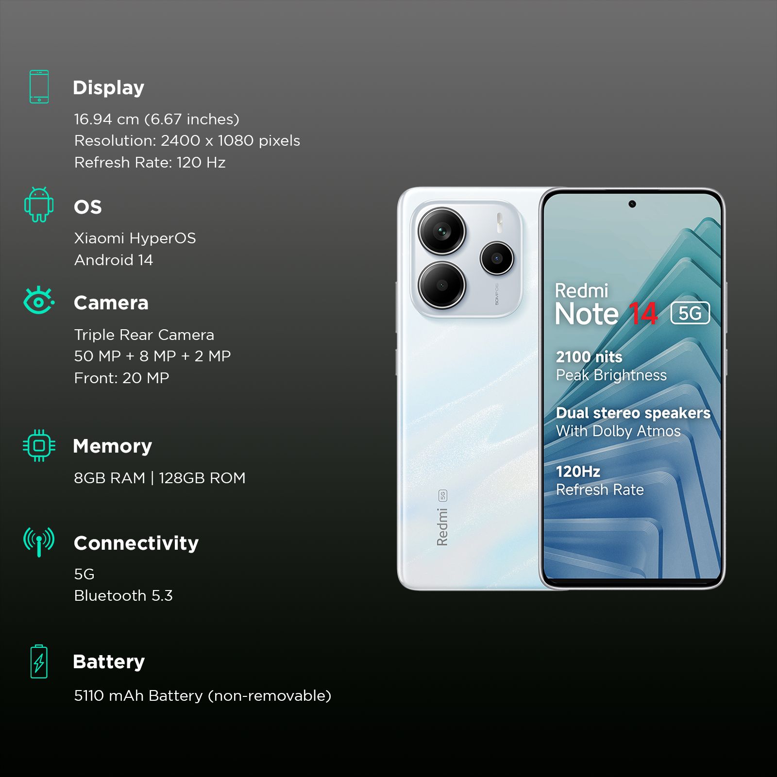 Redmi Note 14 5G (8GB RAM, 128GB, Mystique White)_3