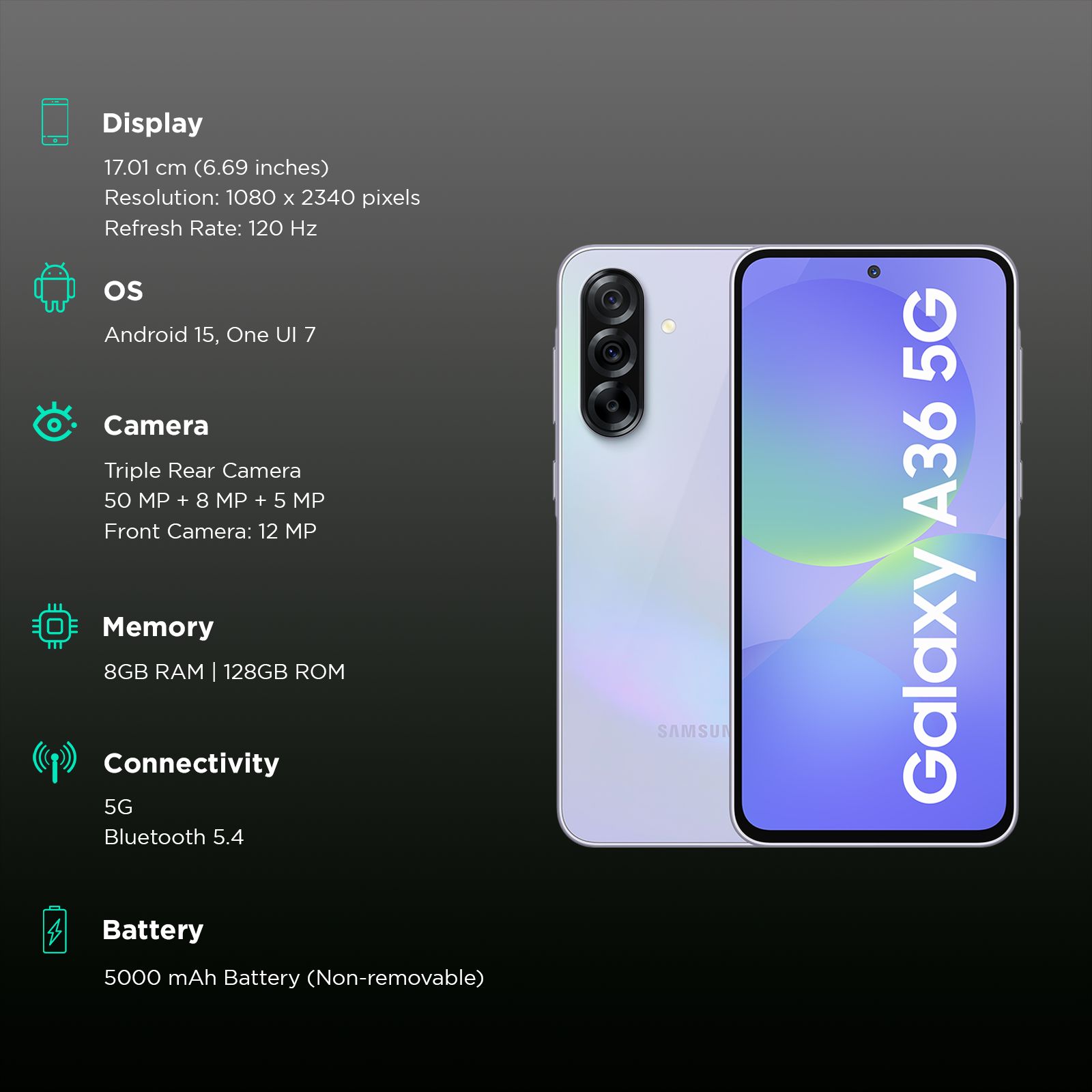 SAMSUNG Galaxy A36 5G (8GB RAM, 128GB, Awesome Lavender) SAMSUNG Galaxy A36 5G (8GB RAM, 128GB, Awesome Lavender)_3