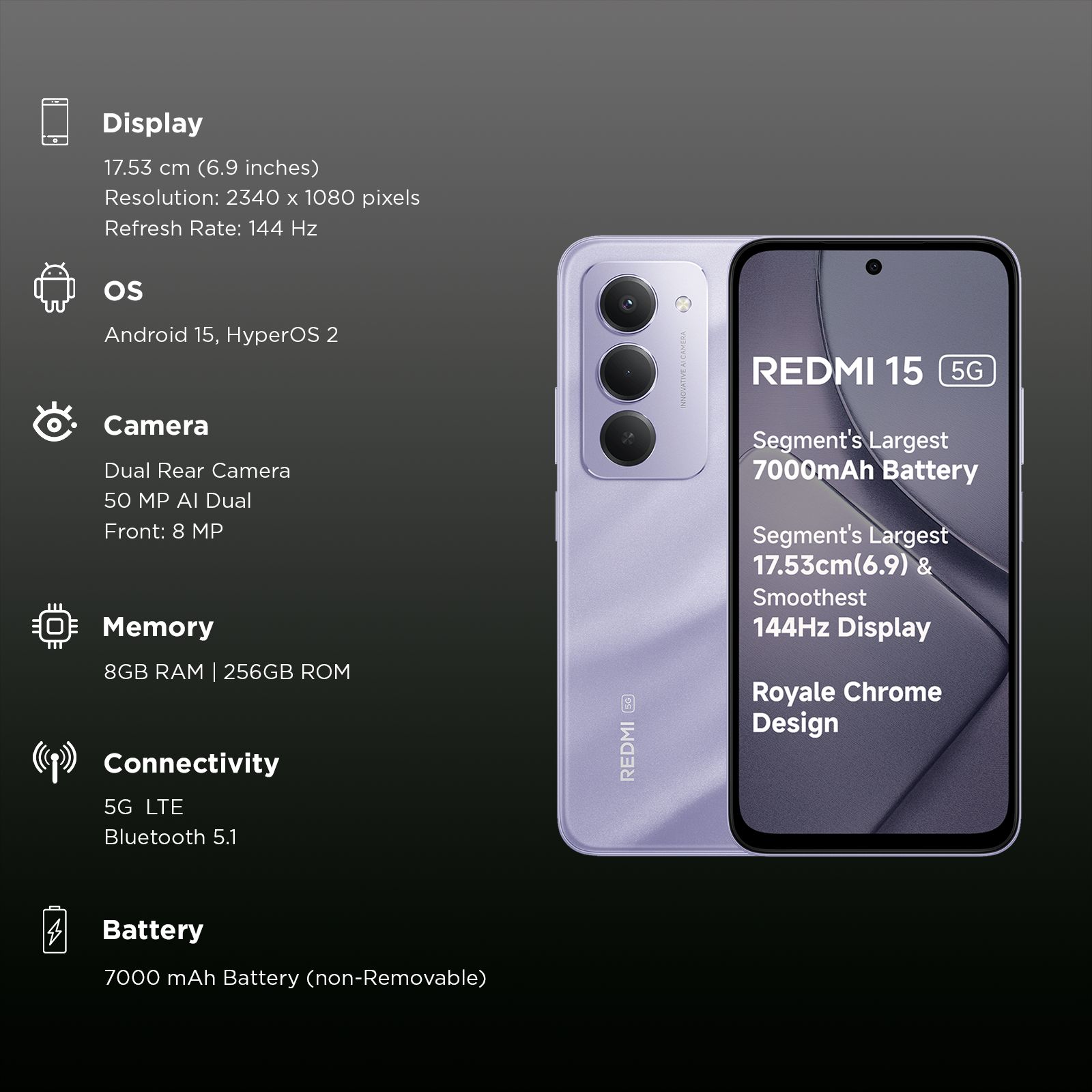Redmi 15 5G (8GB RAM, 256GB, Sandy Purple) Redmi 15 5G (8GB RAM, 256GB, Sandy Purple)_3
