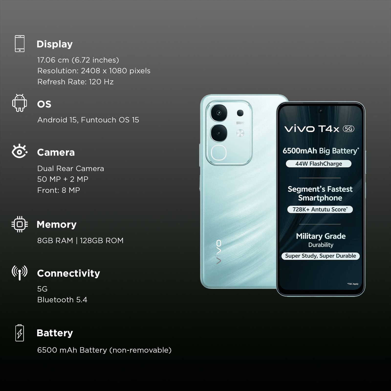 vivo T4x 5G (8GB RAM, 128GB, Glacial Teal) vivo T4x 5G (8GB RAM, 128GB, Glacial Teal)_3