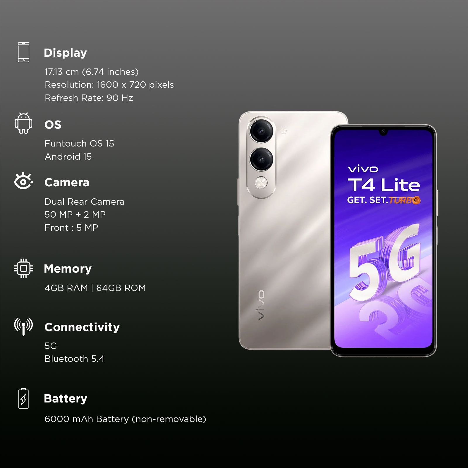 vivo T4 Lite 5G (4GB RAM, 64GB, Titanium Gold)_3