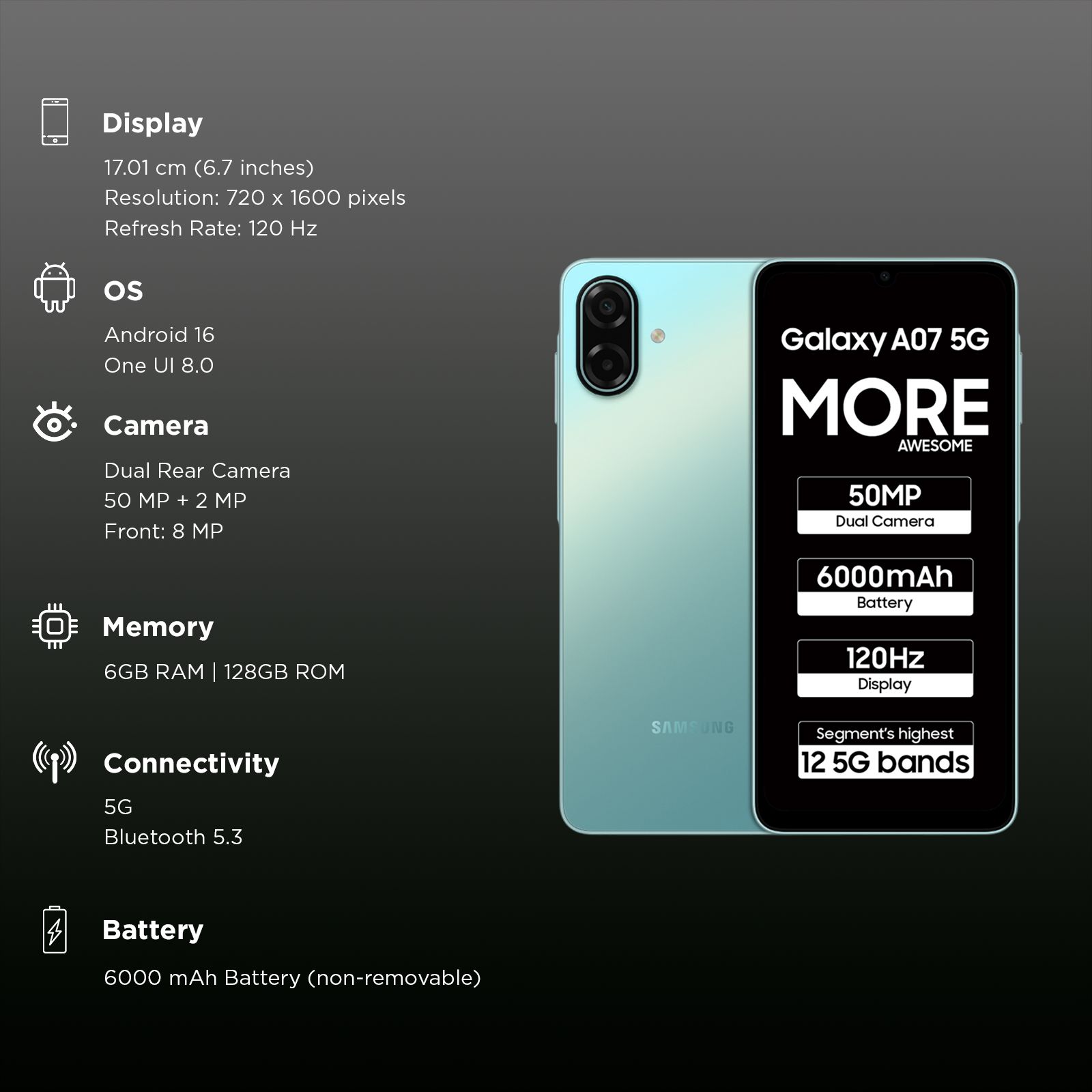 SAMSUNG Galaxy A07 5G (6GB RAM, 128GB, Light Green)_3