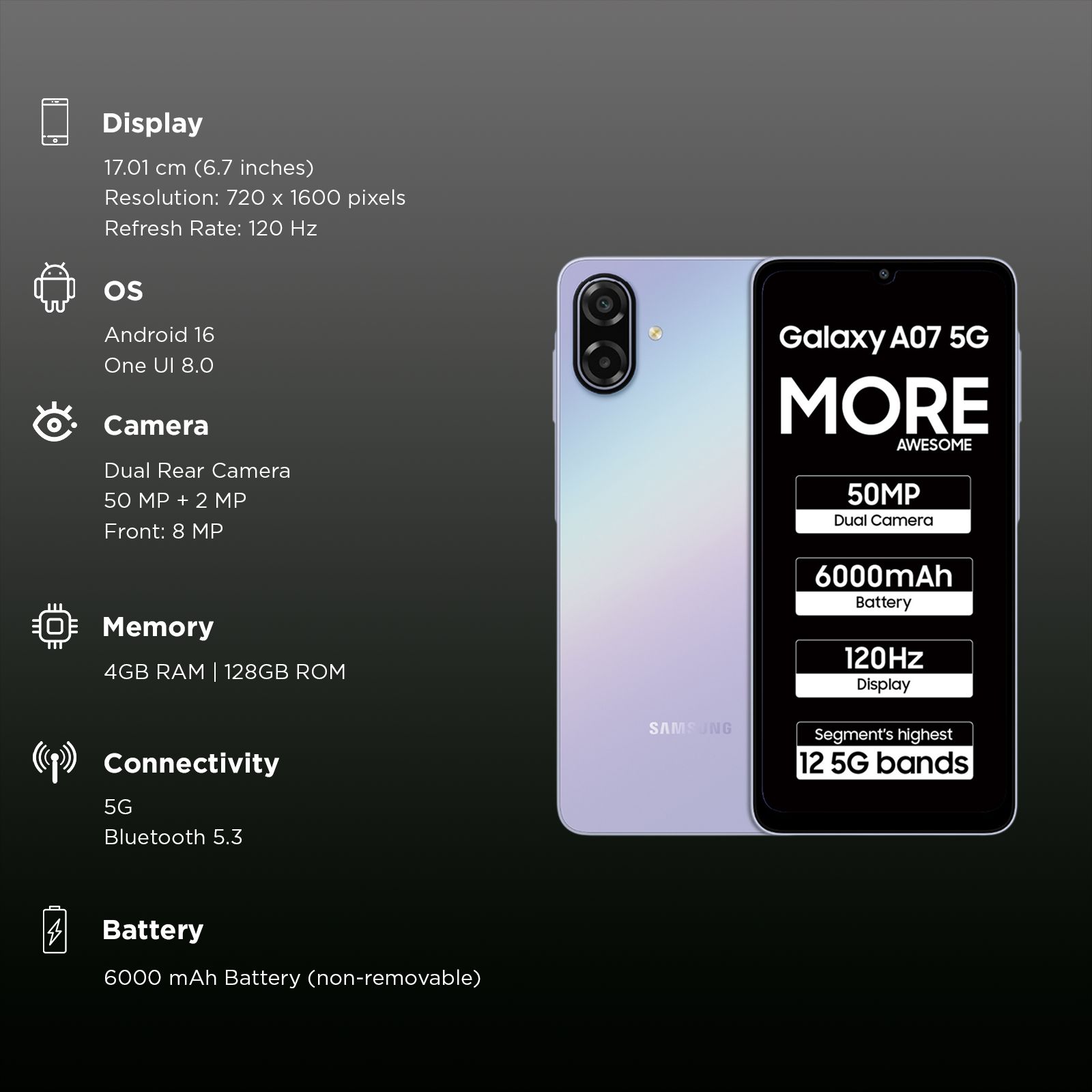 SAMSUNG Galaxy A07 5G (4GB RAM, 128GB, Light Violet)_3