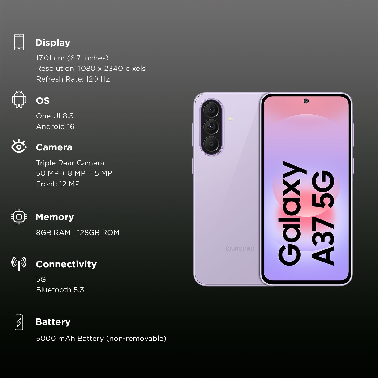 SAMSUNG Galaxy A37 5G (8GB RAM, 128GB, Awesome Lavender)_3