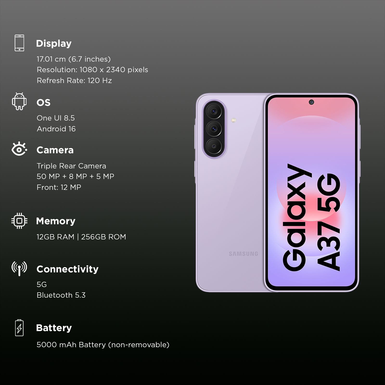 SAMSUNG Galaxy A37 5G (12GB RAM, 256GB, Awesome Lavender)_3