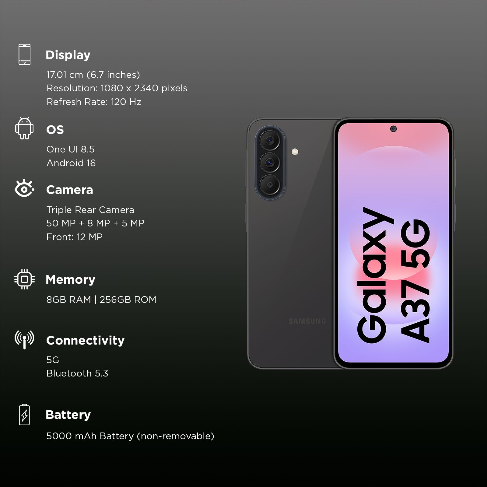 SAMSUNG Galaxy A37 5G (8GB RAM, 256GB, Awesome Charcoal)_3