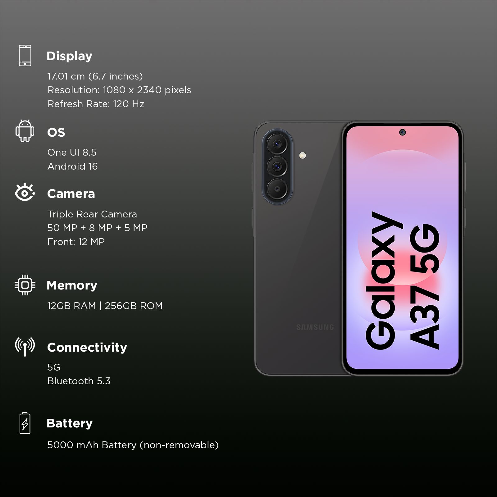 SAMSUNG Galaxy A37 5G (12GB RAM, 256GB, Awesome Charcoal)_3