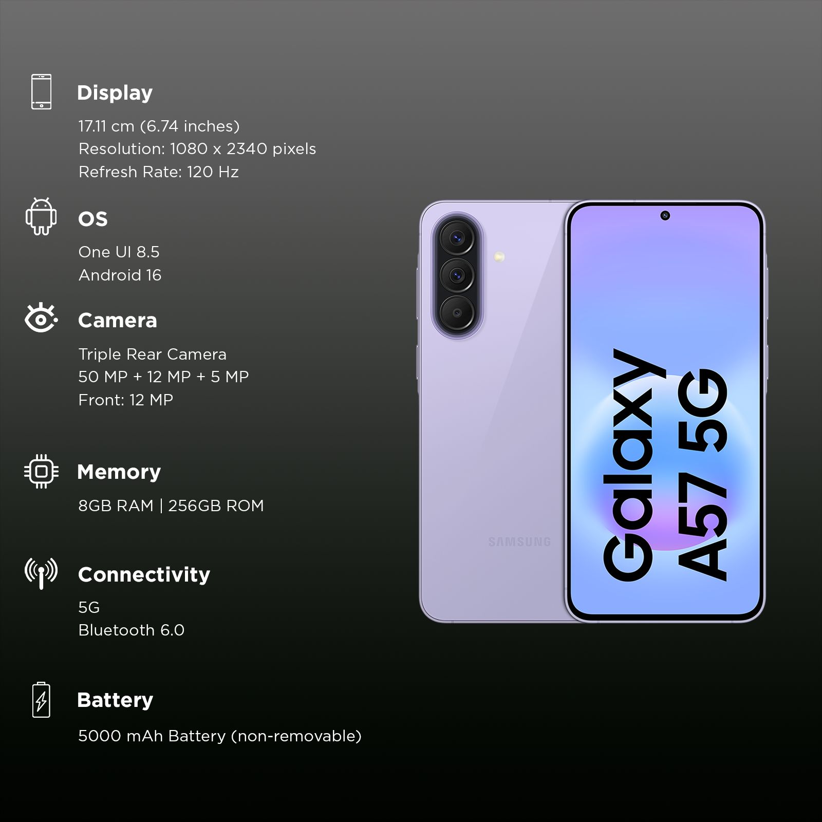 SAMSUNG Galaxy A57 5G (8GB RAM, 256GB, Awesome Lilac) SAMSUNG Galaxy A57 5G (8GB RAM, 256GB, Awesome Lilac)_3