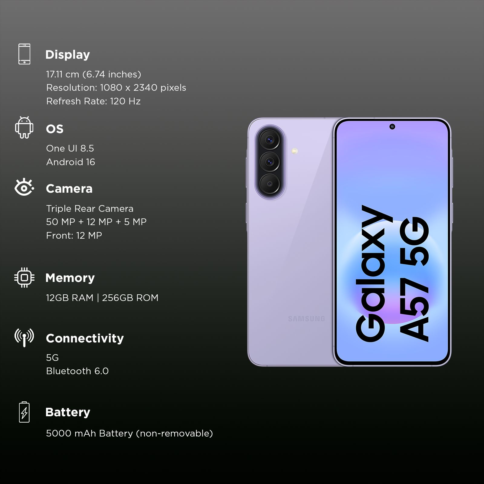 SAMSUNG Galaxy A57 5G (12GB RAM, 256GB, Awesome Lilac)_3
