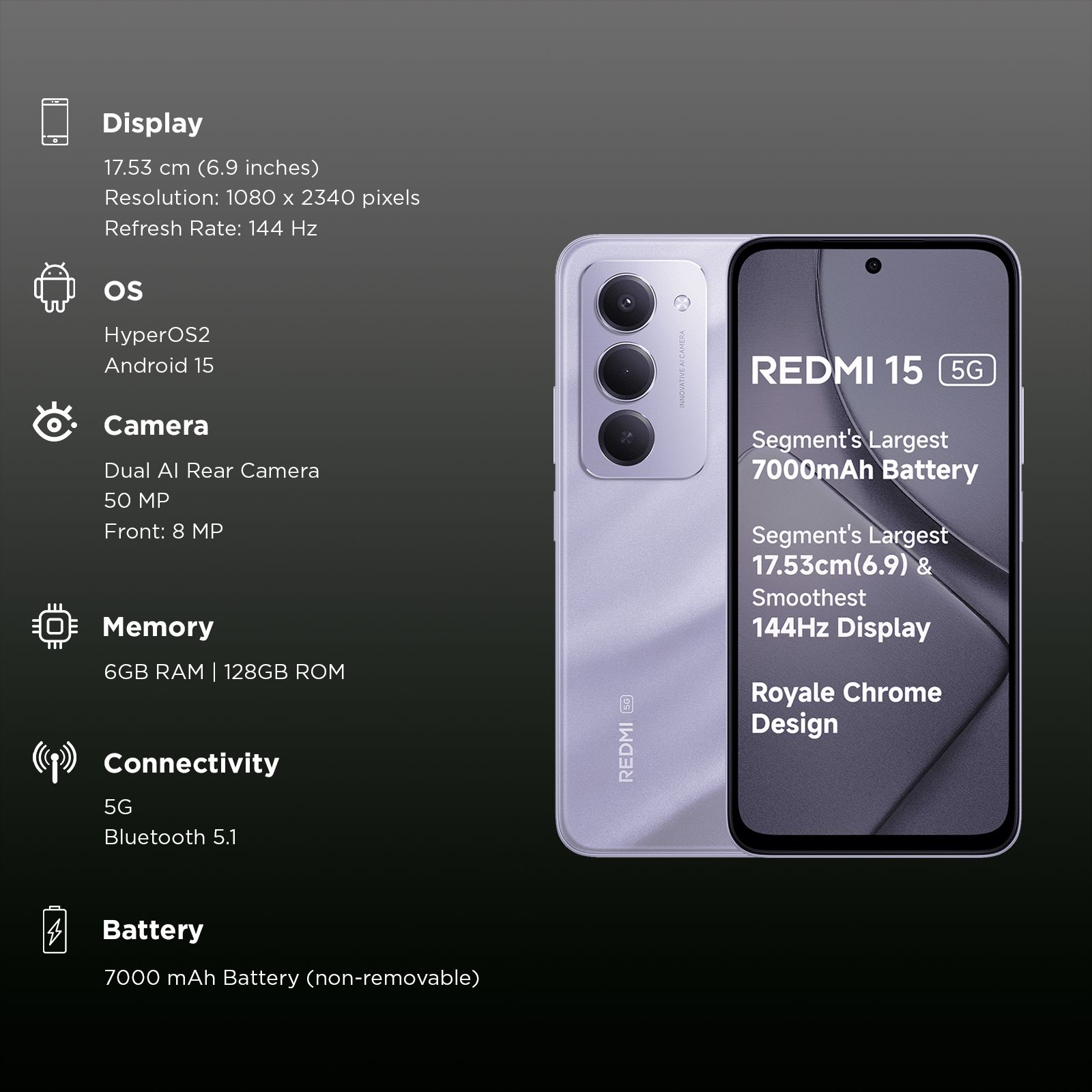 Redmi 15 5G (6GB RAM, 128GB, Sandy Purple) Redmi 15 5G (6GB RAM, 128GB, Sandy Purple)_3