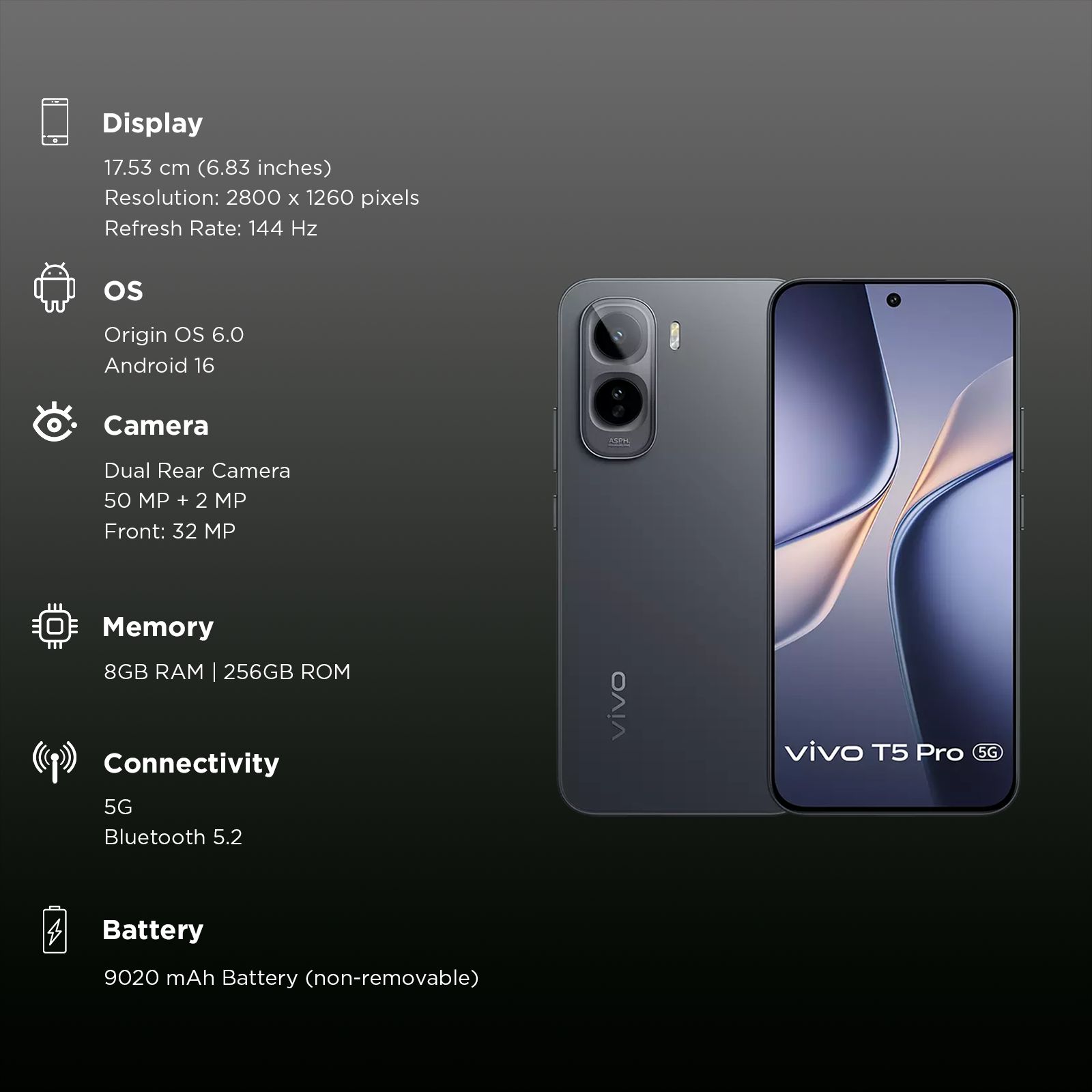 vivo T5 Pro 5G (8GB RAM, 256GB, Cosmic Black)_3