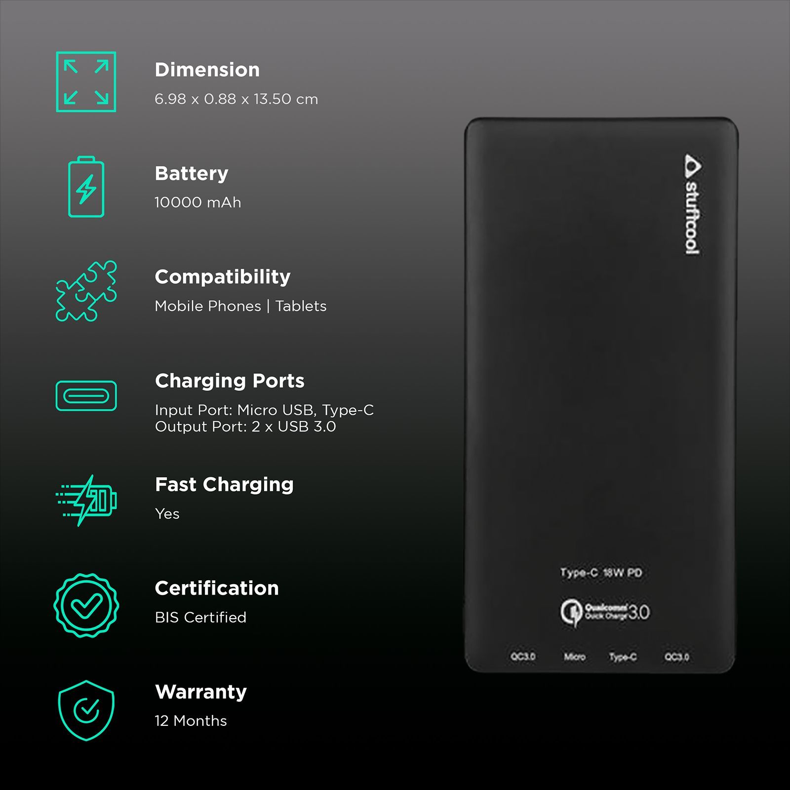 stuffcool 720PD 10000 mAh Fast Charging Power Bank (1 Type C & 2 USB 3.0 Ports, Aluminium Casing, LED Indicator, Black)_3