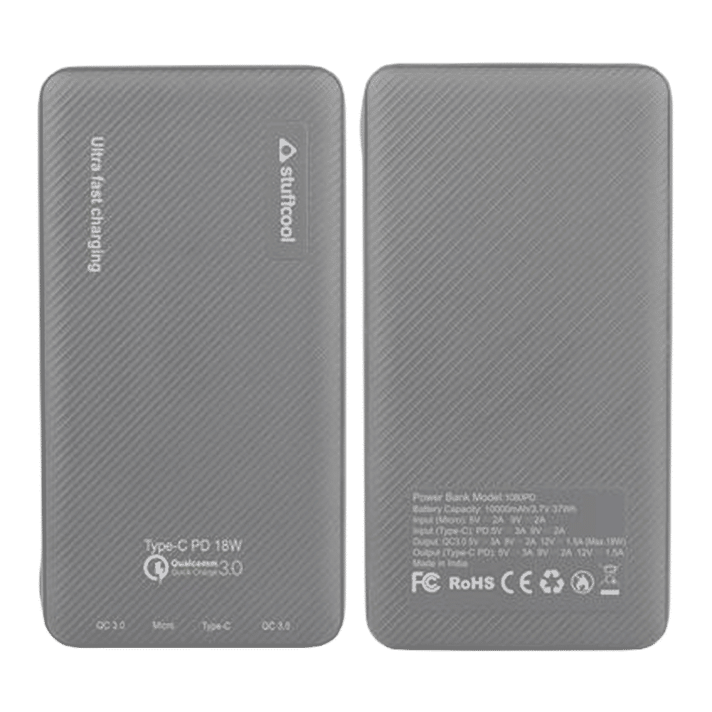 stuffcool PB1080PD 10000 mAh 18W Fast Charging Power Bank (1 Type C & 2 USB 3.0 Ports, Grey)_7