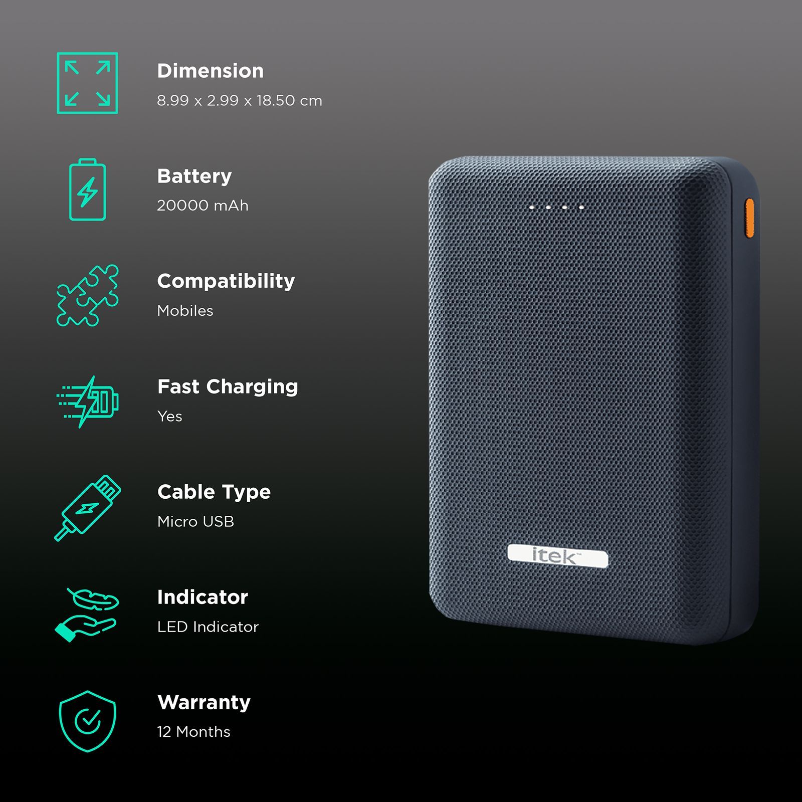 itek RBB050 20000 mAh Fast Charging Power Bank (2 Micro USB Ports, High Quality Battery, Blue)_3