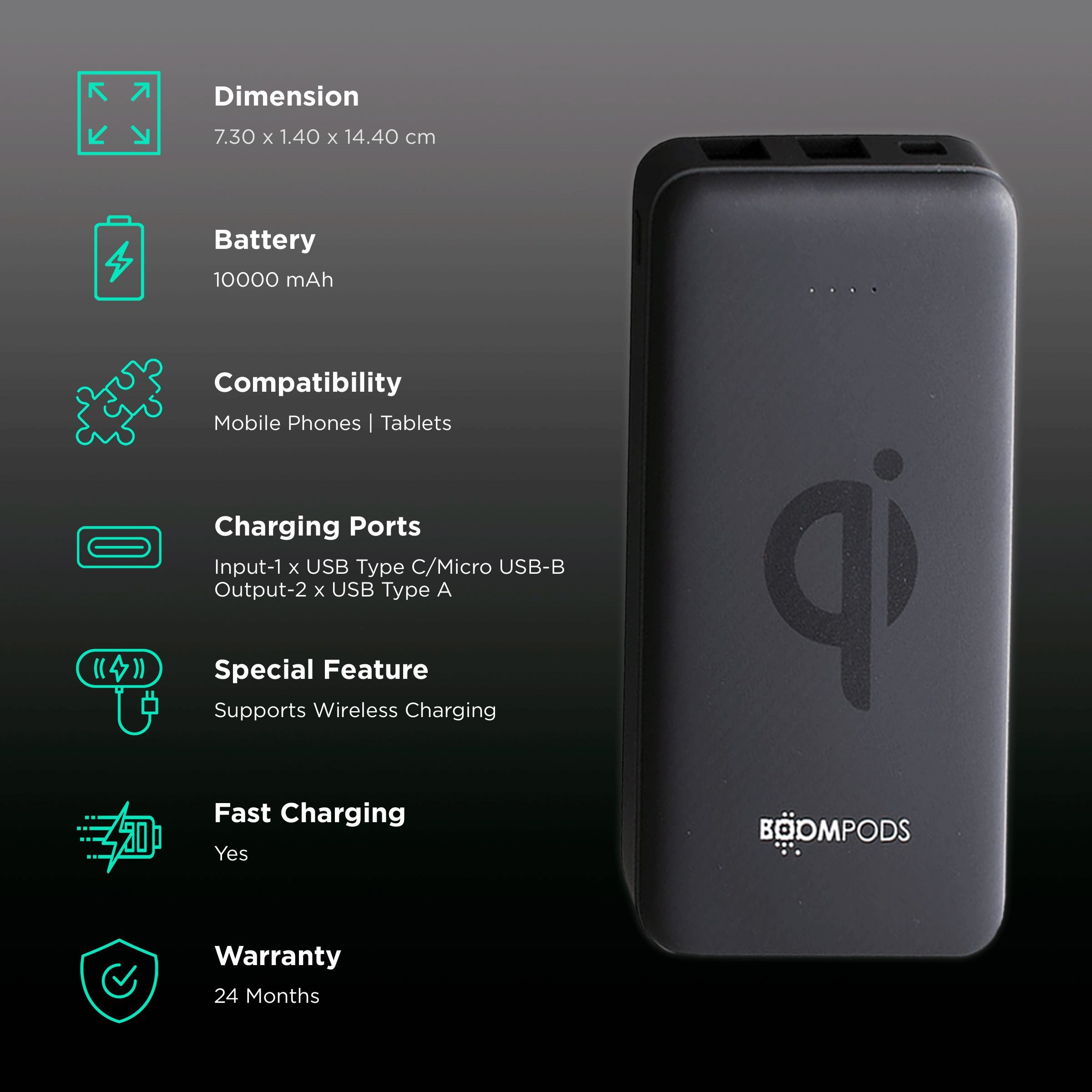 Boompods Powerboom Qi 10000 mAh Fast Charging Power Bank (1 Micro USB Type B, 1 Type C & 2 Type A Ports, Wireless Charging, Black)_3