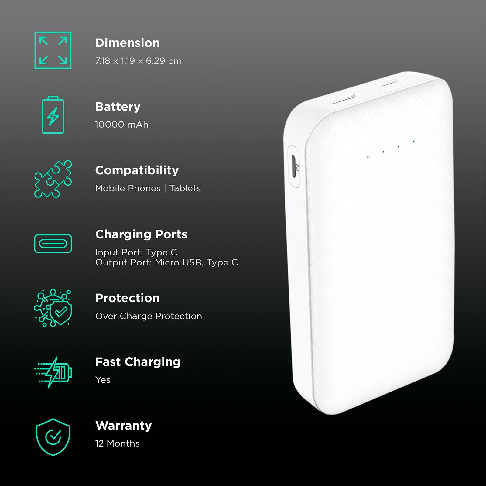 Nextech NPC 1041 10000 mAh Fast Charging Power Bank (1 Micro USB & 1 Type C Ports, LED Indicator, White)_3