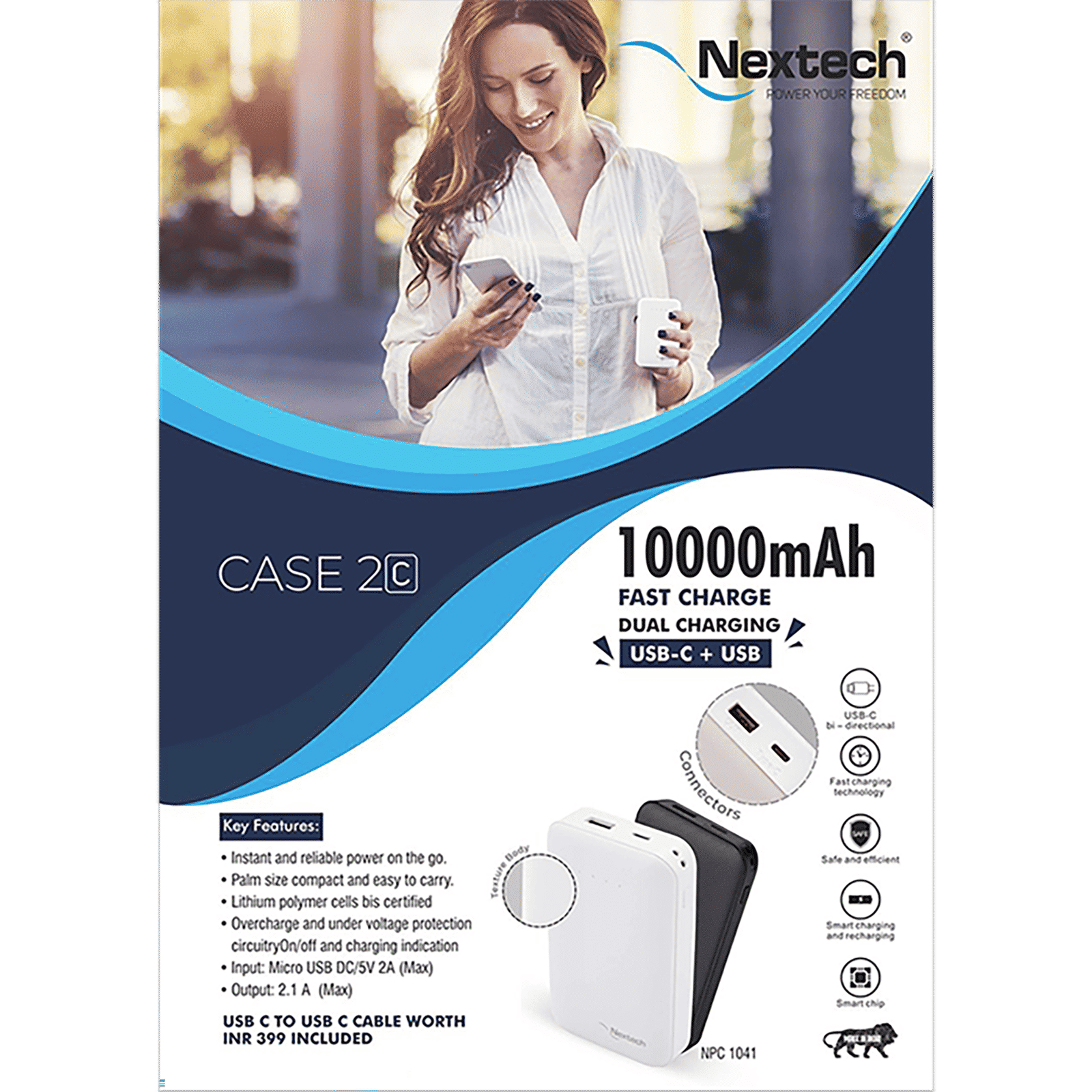 Nextech NPC 1041 10000 mAh Fast Charging Power Bank (1 Micro USB & 1 Type C Ports, LED Indicator, White)_5