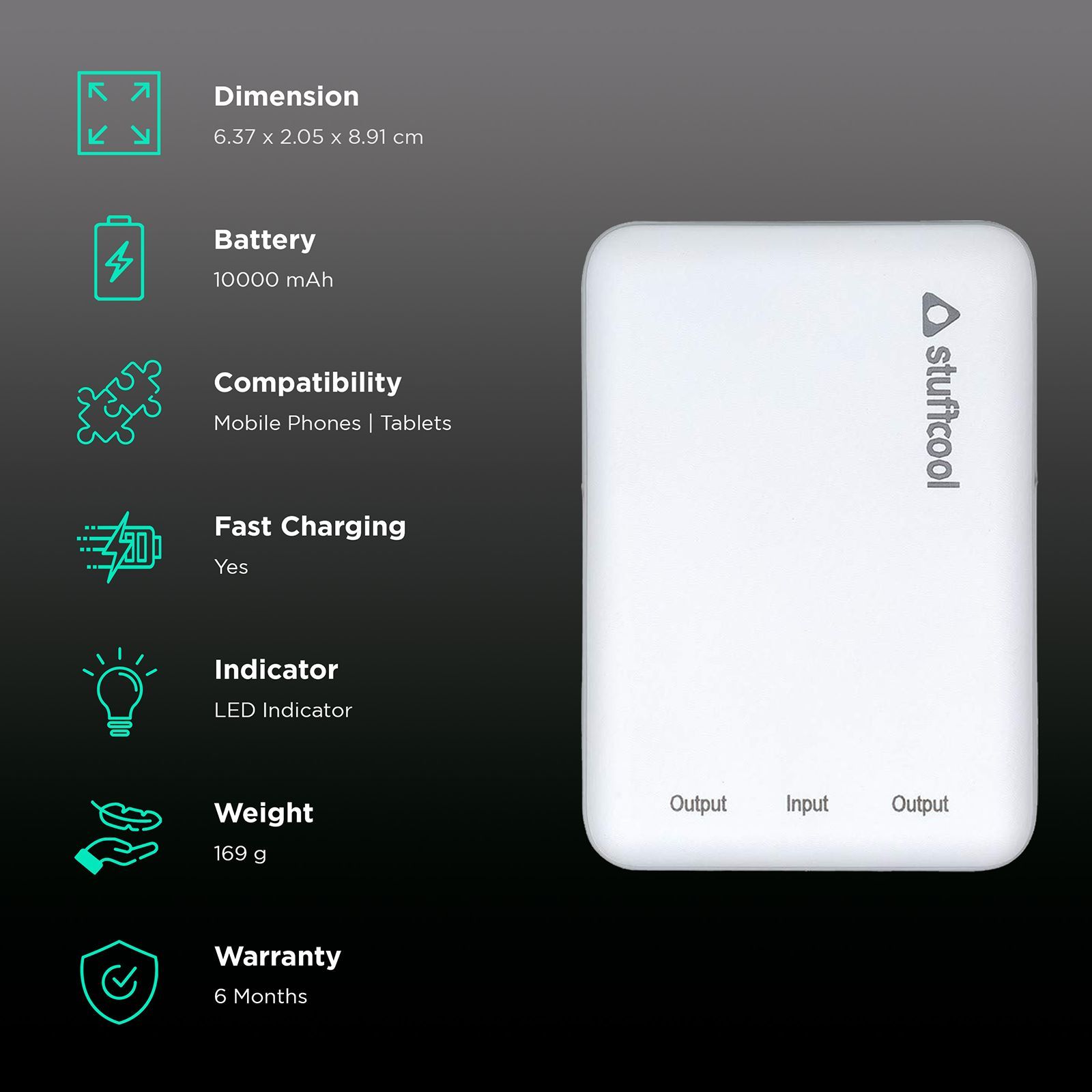 stuffcool PB99 10000 mAh Fast Charging Power Bank (1 Type C & 2 Micro USB Ports, LED Indicator, White)_3