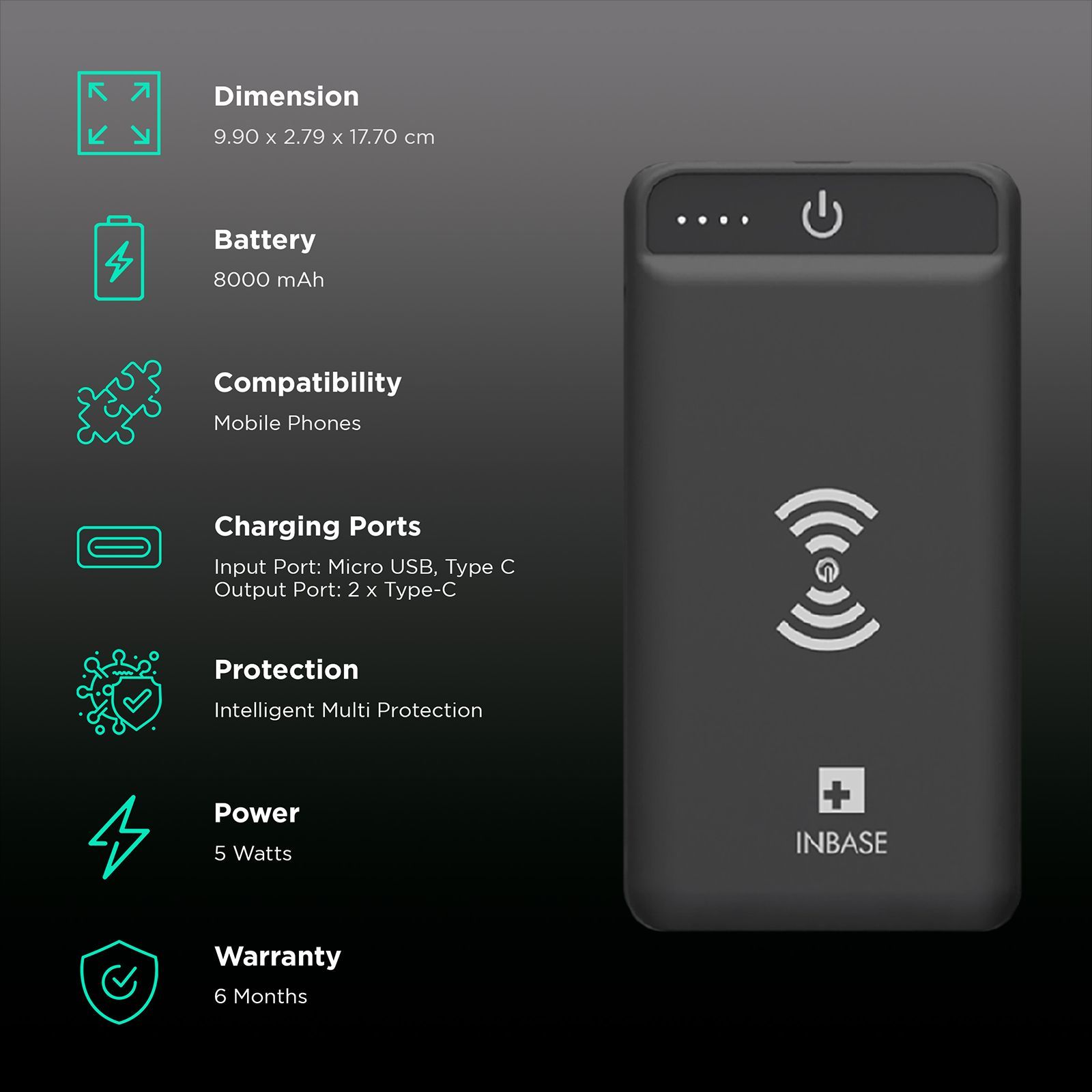 in base CHARGING 8000 mAh Power Bank (2 Type C Ports, Wireless Charging, Black)_3