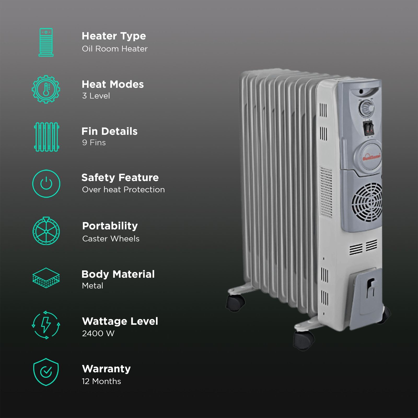 Sunflame SF-955 NF 2400W PTC Fan Oil Filled Radiator Room Heater with 9 Fins (U.O.F. Technology_3