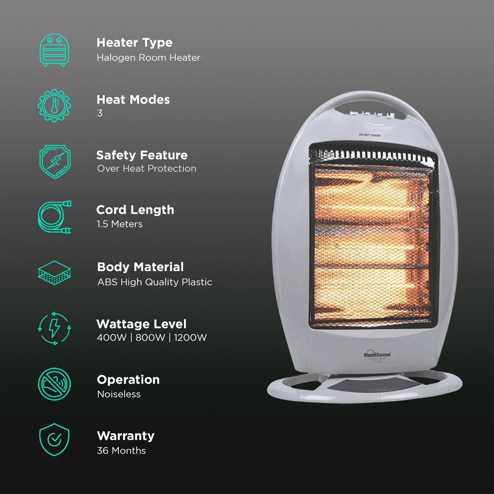 Sunflame SF 932 1200W Halogen Room Heater with Wide Oscillation Angle (Cool Touch Body_3