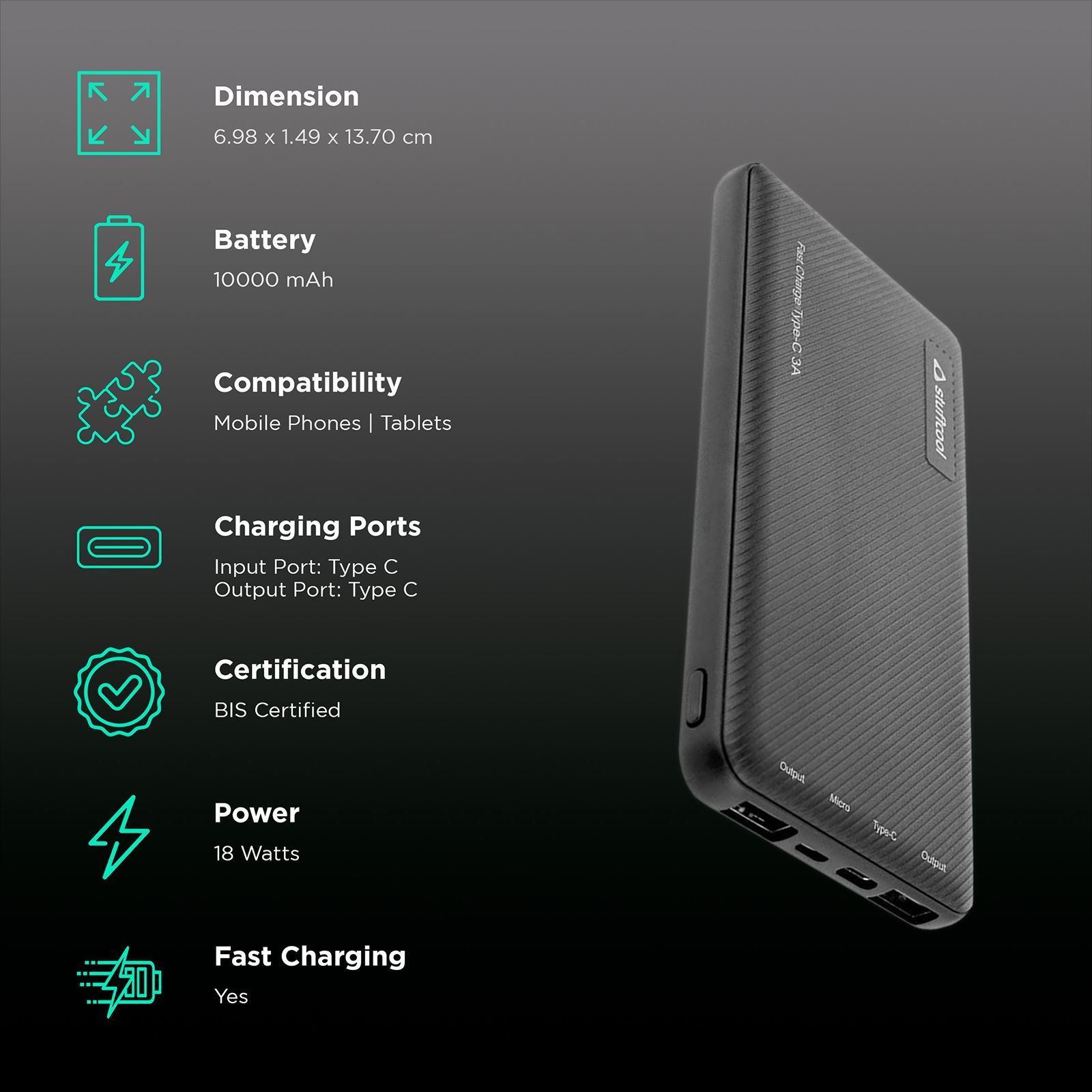 stuffcool PB1044C 10000 mAh Fast Charging Power Bank (1 Type C & 2 Micro USB Ports, LED Indicator, Black)_3