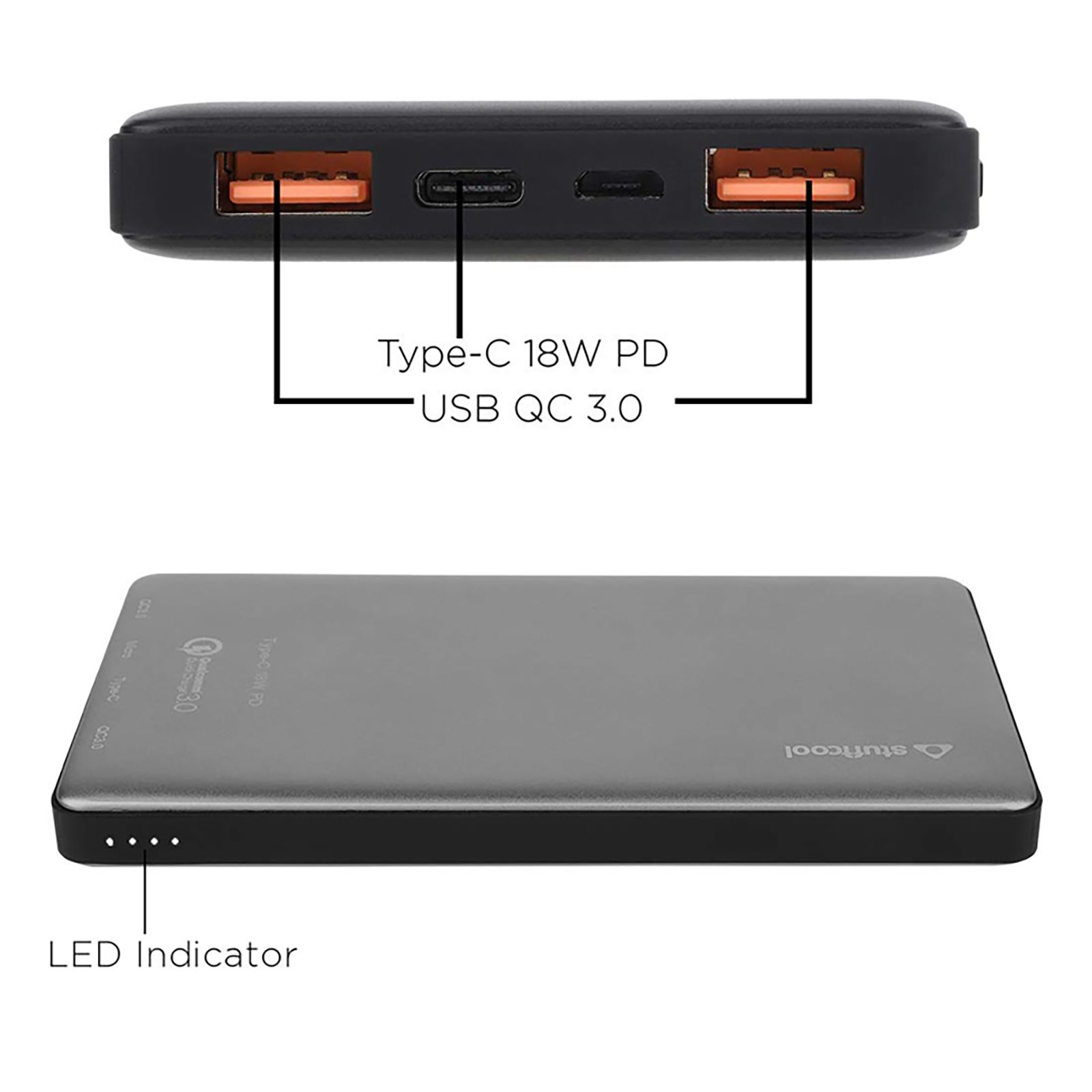 stuffcool PB1071QCPD 10000 mAh Fast Charging Power Bank (1 Type C & 2 USB 3.0 Ports, Plastic Casing, LED Indicator, Grey)_12