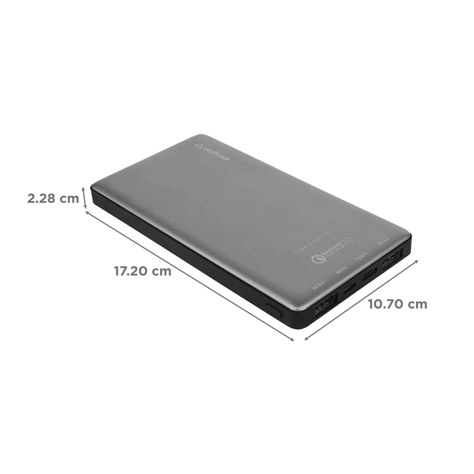 stuffcool PB1071QCPD 10000 mAh Fast Charging Power Bank (1 Type C & 2 USB 3.0 Ports, Plastic Casing, LED Indicator, Grey)_2