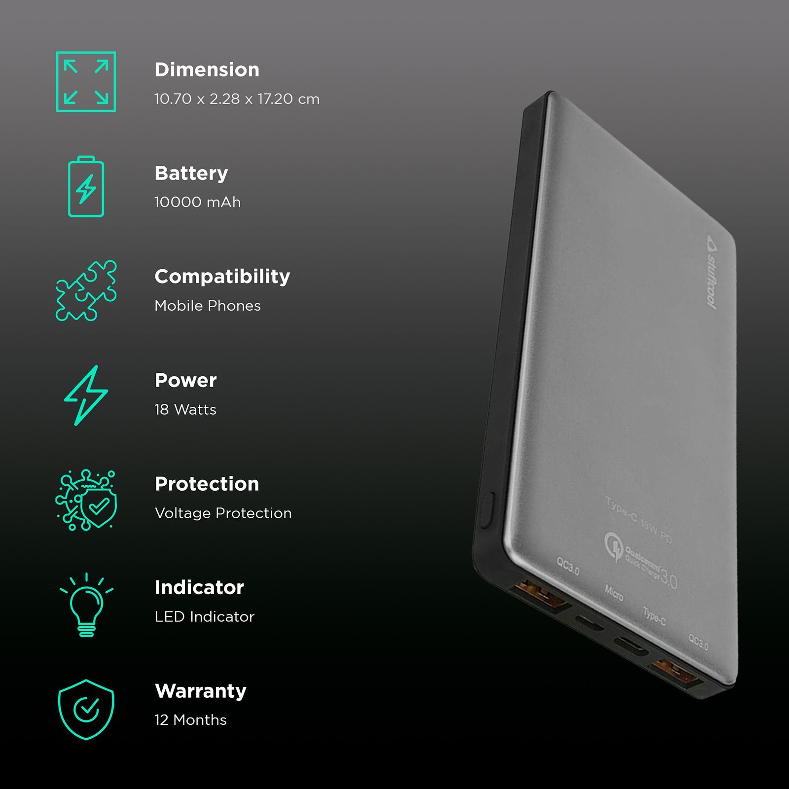 stuffcool PB1071QCPD 10000 mAh Fast Charging Power Bank (1 Type C & 2 USB 3.0 Ports, Plastic Casing, LED Indicator, Grey)_3