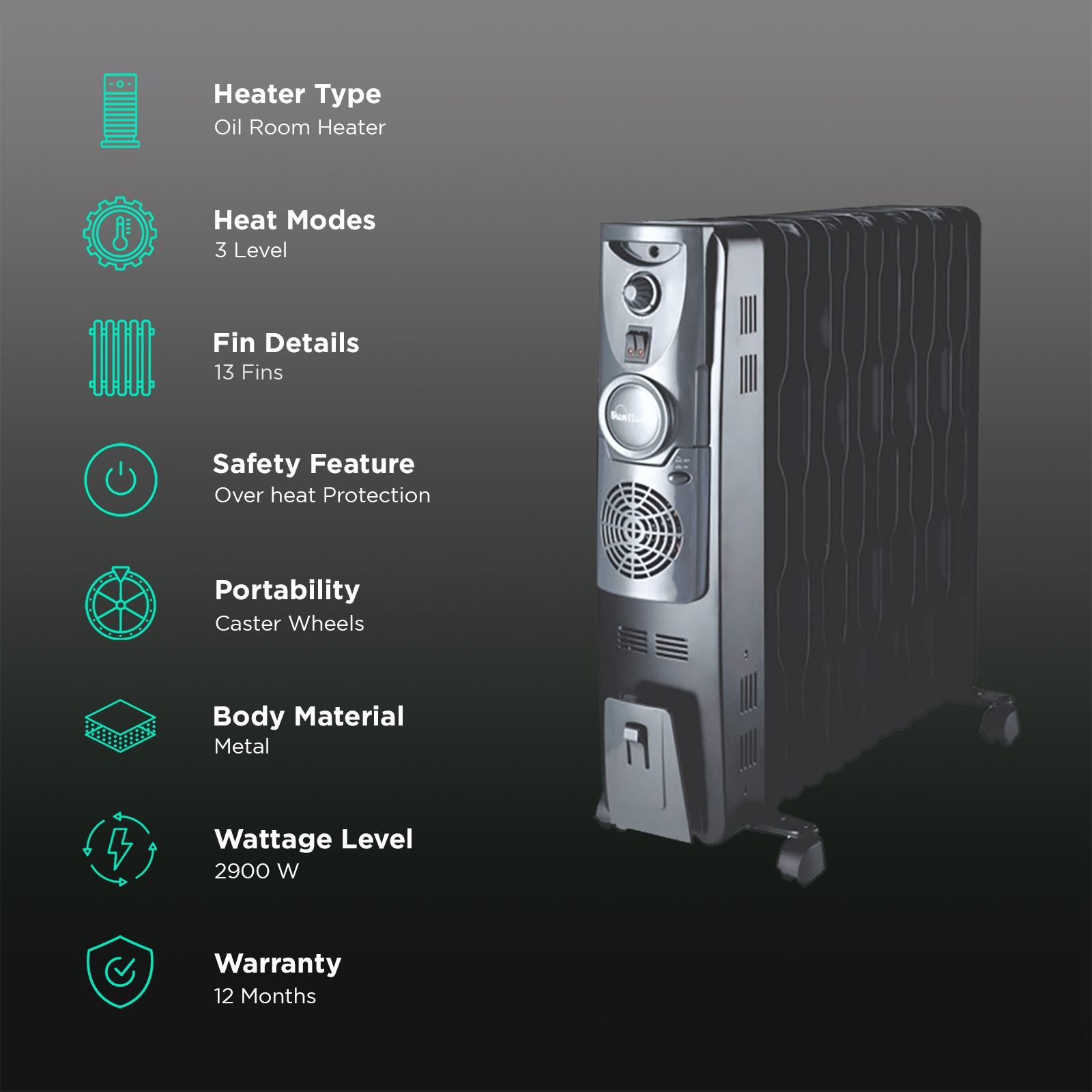 Sunflame SF-955 TF 2900W Fan Oil Filled Radiator Room Heater with 13 Fins (U.O.F. Technology_3