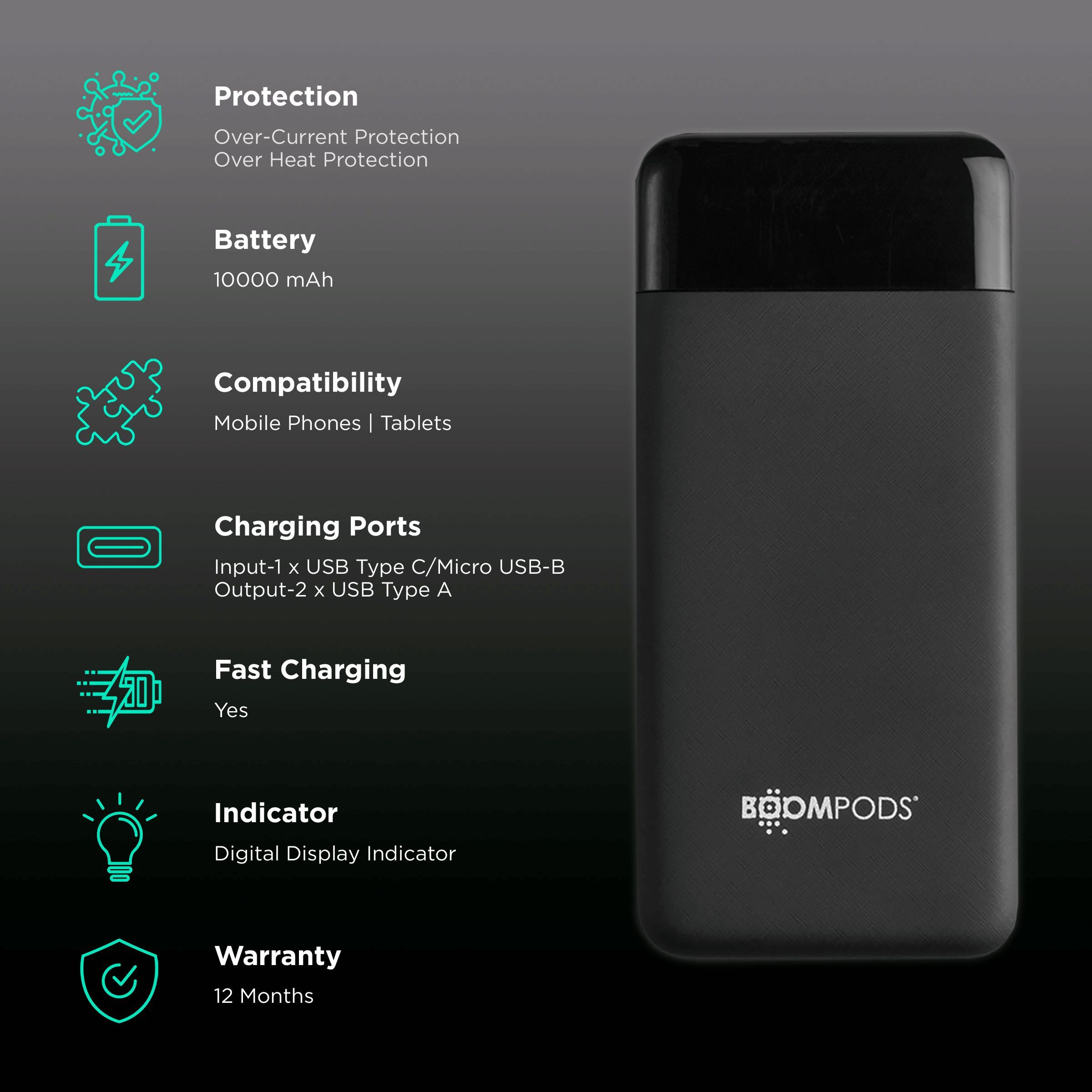 Boompods Powerboom 10000 mAh Fast Charging Power Bank (1 Micro USB Type B, 1 Type C & 2 Type A Ports, Digital Display Indicator, Black)_2