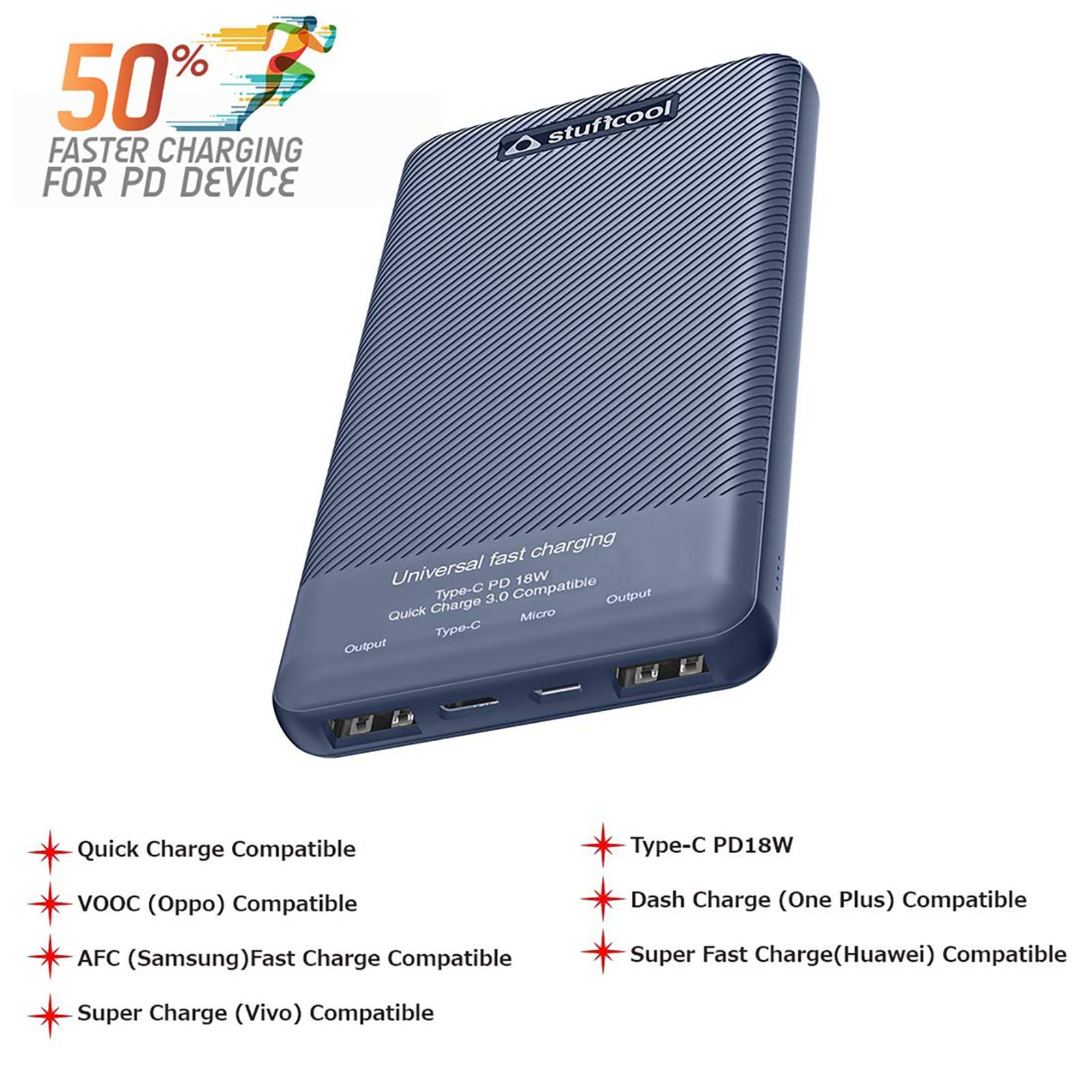 stuffcool PB2070UF 10000 mAh Fast Charging Power Bank (1 Type C & 2 Type A Ports, LED Indicator, Blue)_16