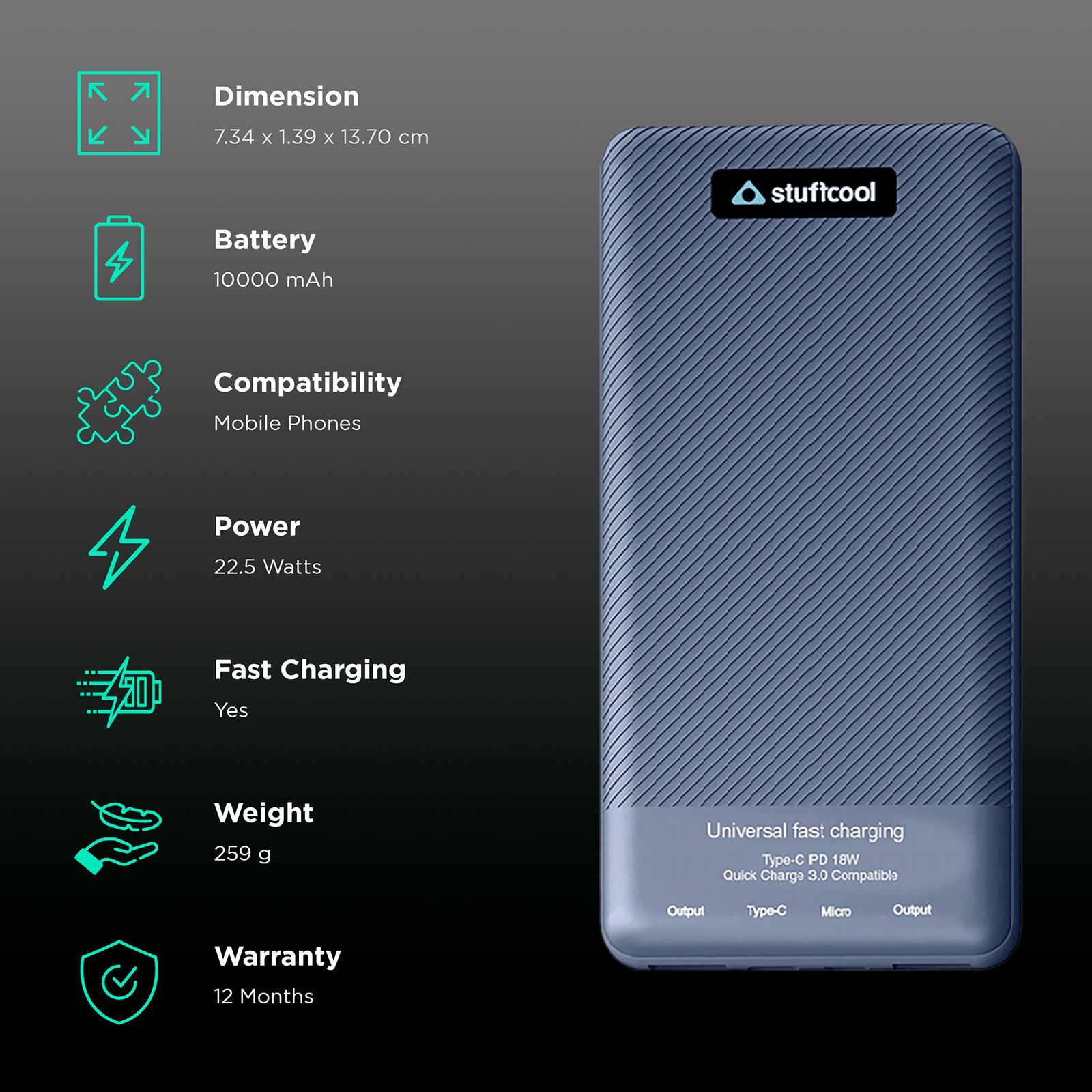 stuffcool PB2070UF 10000 mAh Fast Charging Power Bank (1 Type C & 2 Type A Ports, LED Indicator, Blue)_3