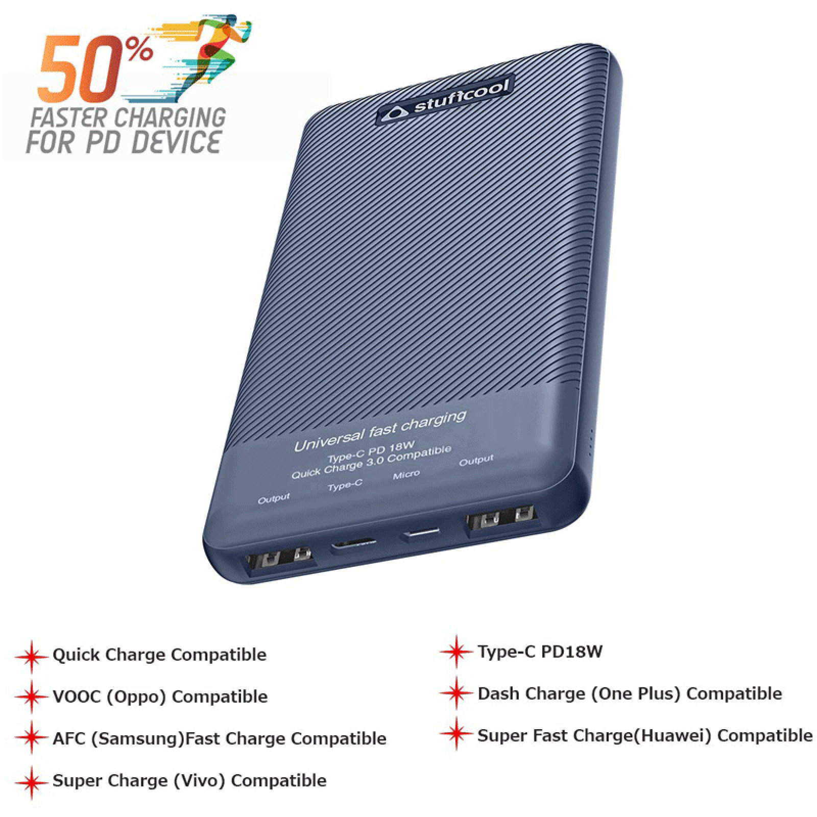 stuffcool PB2070UF 10000 mAh Fast Charging Power Bank (1 Type C & 2 Type A Ports, LED Indicator, Blue)_8