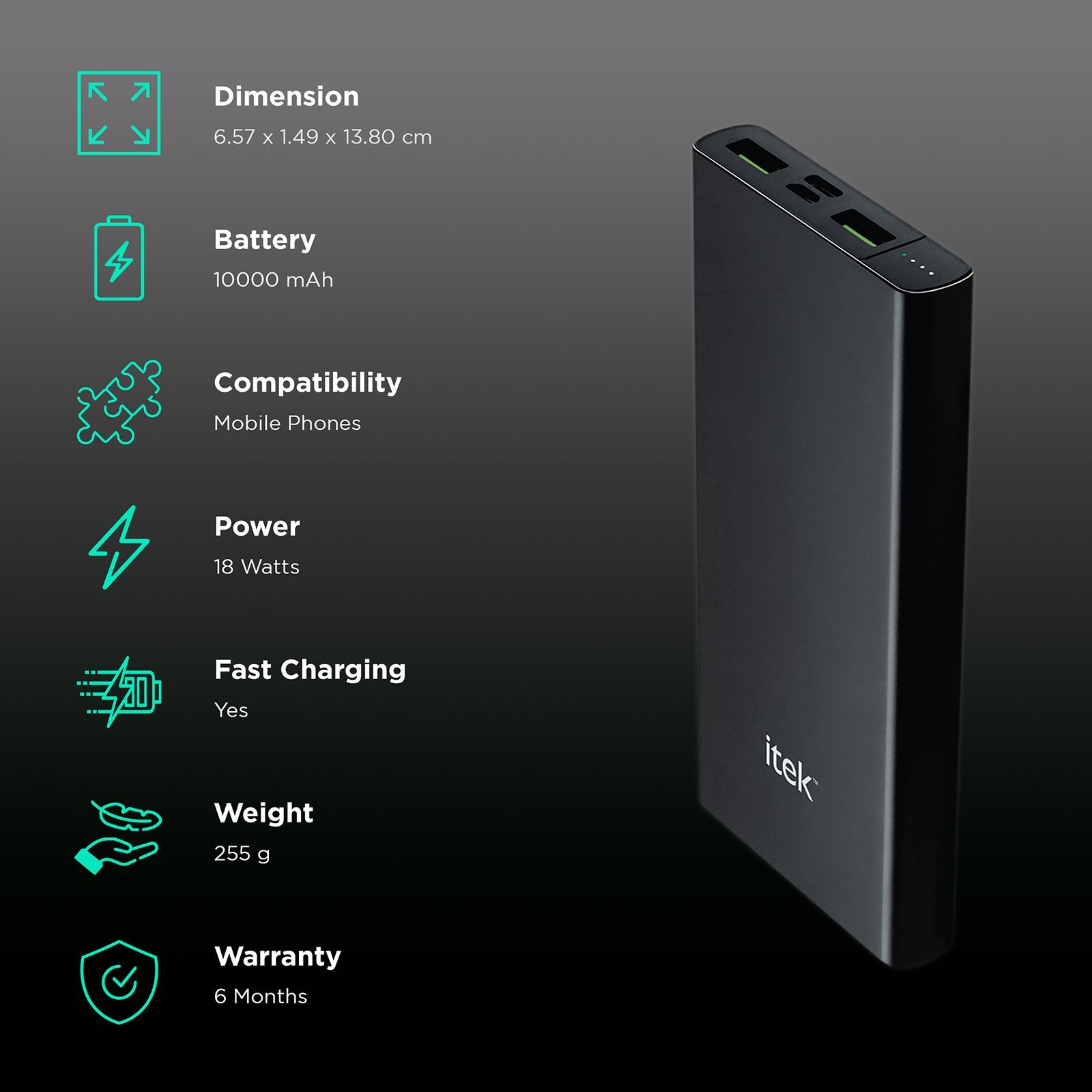 itek RBB054 10000 mAh 18W Fast Charging Power Bank (2 Micro USB & 1 Type C Ports, High Quality Battery, Black)_3