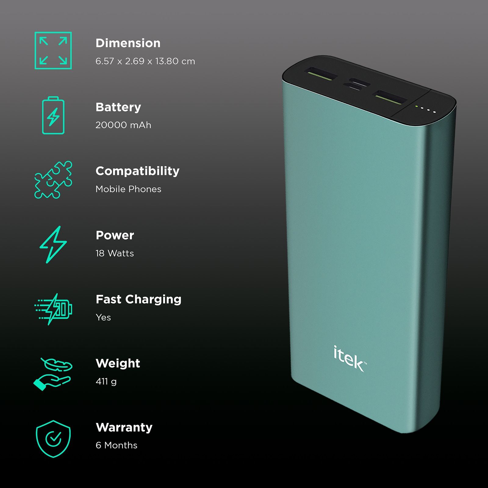 itek 20000mAh 3-Port Power Bank (Li-ion Battery, RBB055_GN, Green)_3