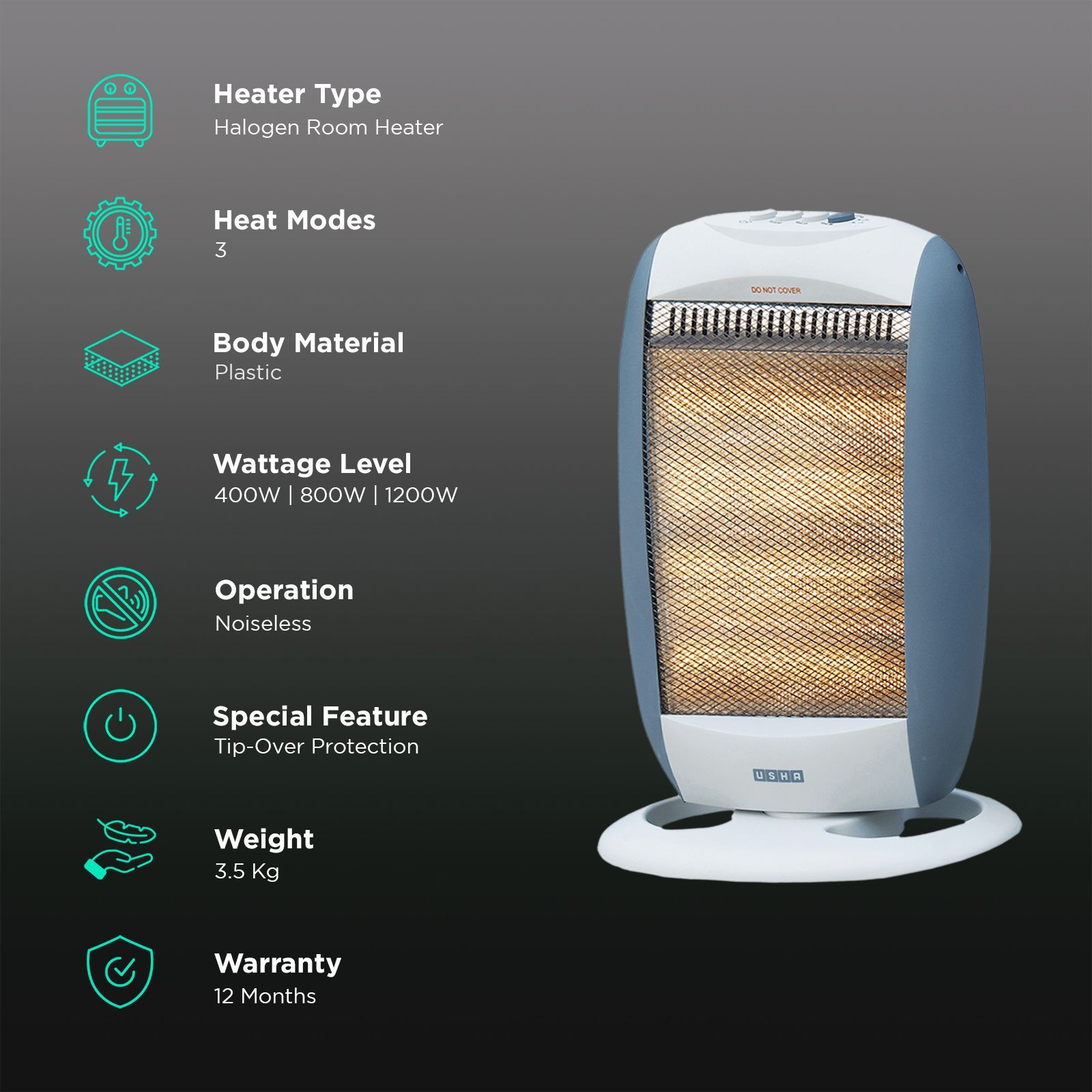 USHA HH 3303 1200W Halogen Room Heater with Automatic Oscillation (Safety Tip Over Protection_3