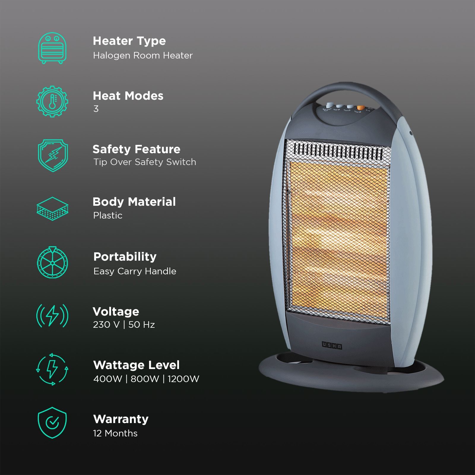 USHA HH 3503H 1200W Halogen Room Heater with Automatic Oscillation (Safety Tip Over Protection USHA HH 3503H 1200W Halogen Room Heater with Automatic Oscillation (Safety Tip Over Protection_3
