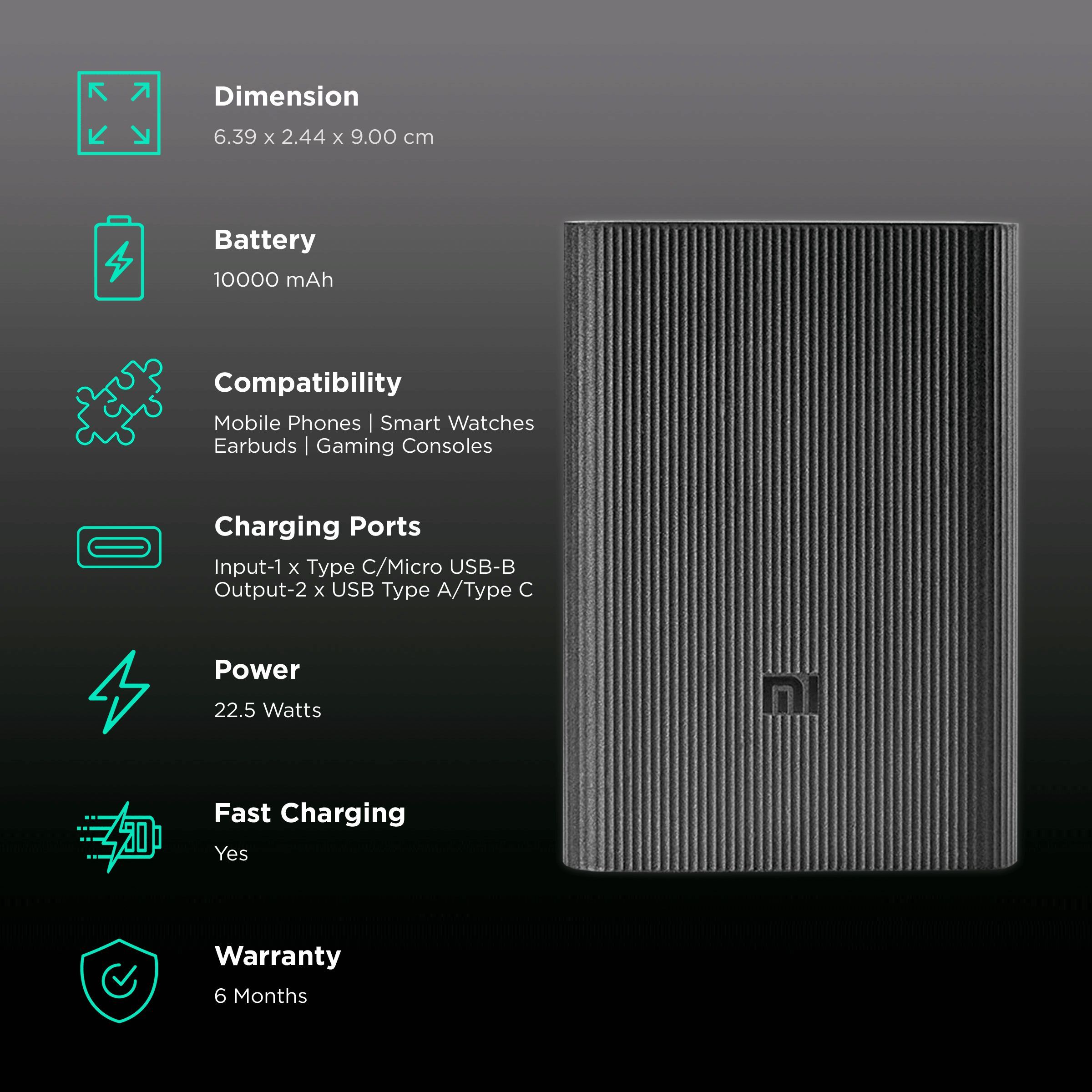 Mi Pocket Pro 10000 mAh 22.5W Fast Charging Power Bank (1 Micro USB Type B, 1 Type C & 2 Type A Ports, Anti Skid & Matte Plastic Finish, 12 Layers Protection, Black)_2
