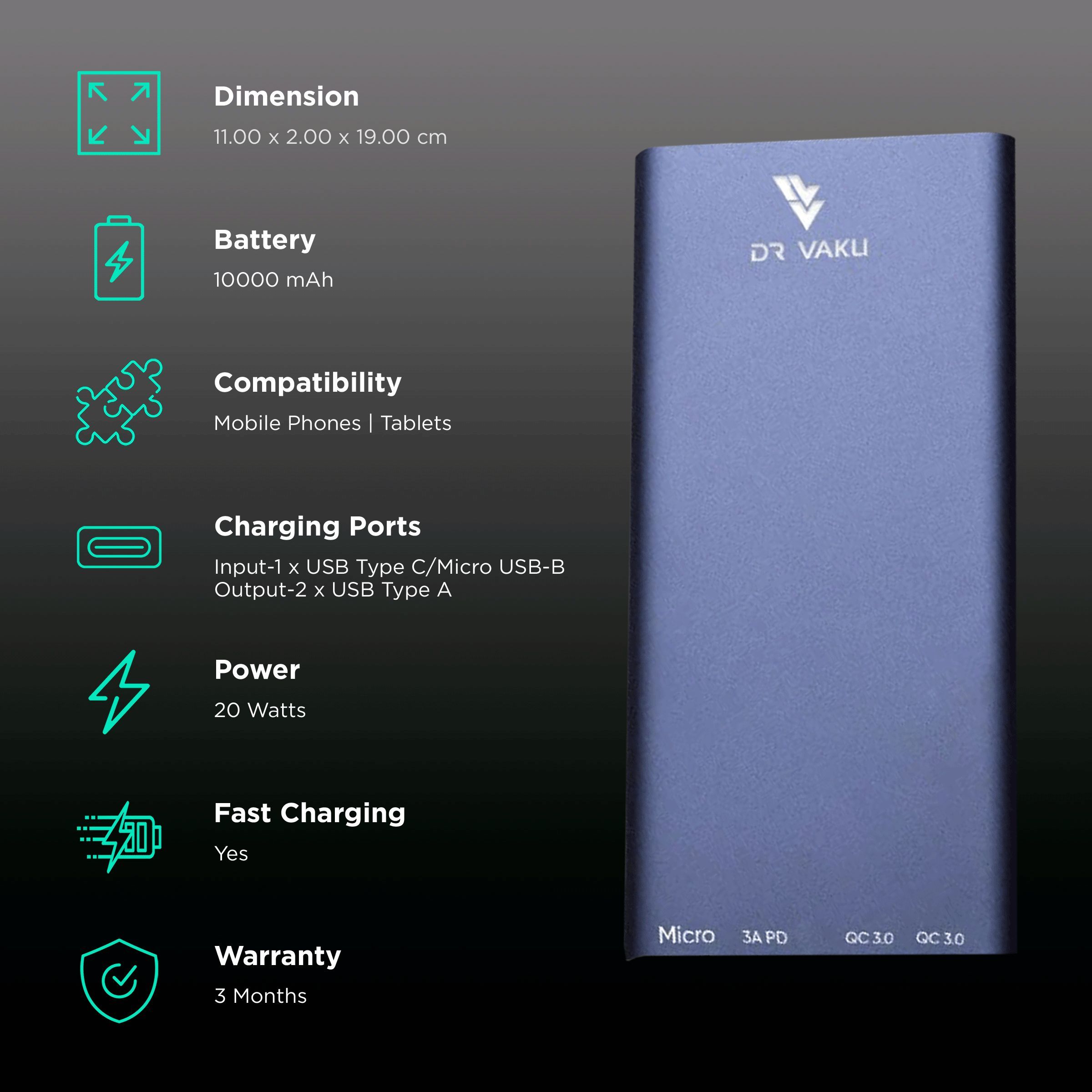 Vaku 10000 mAh 20W Fast Charging Power Bank (1 Micro USB Type B, 1 Type C & 2 Type A Ports, LED Charging Indicator, Black)_2
