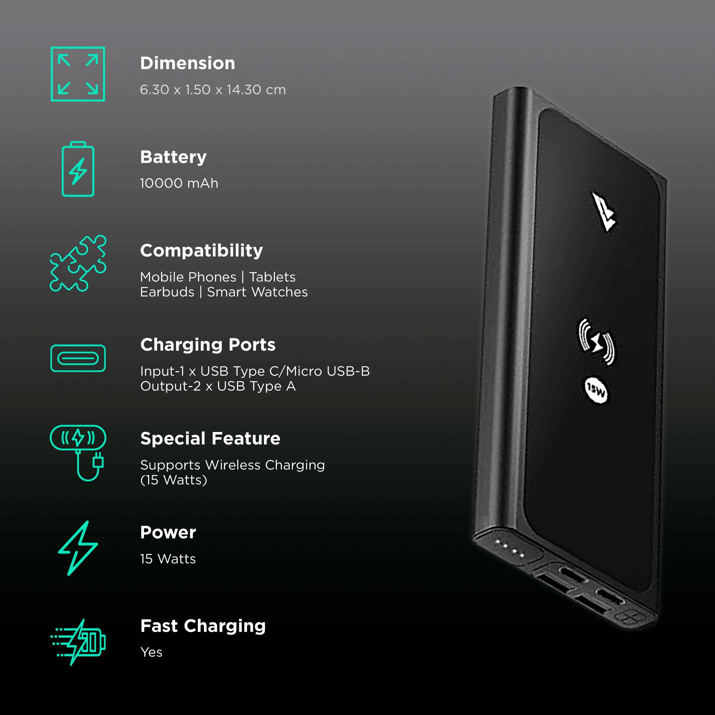 Vaku Rapid OS 10000 mAh 15W Fast Charging Power Bank (1 Micro USB Type B, 1 Type C & 2 Type A Ports, Wireless Charging, Black)_2