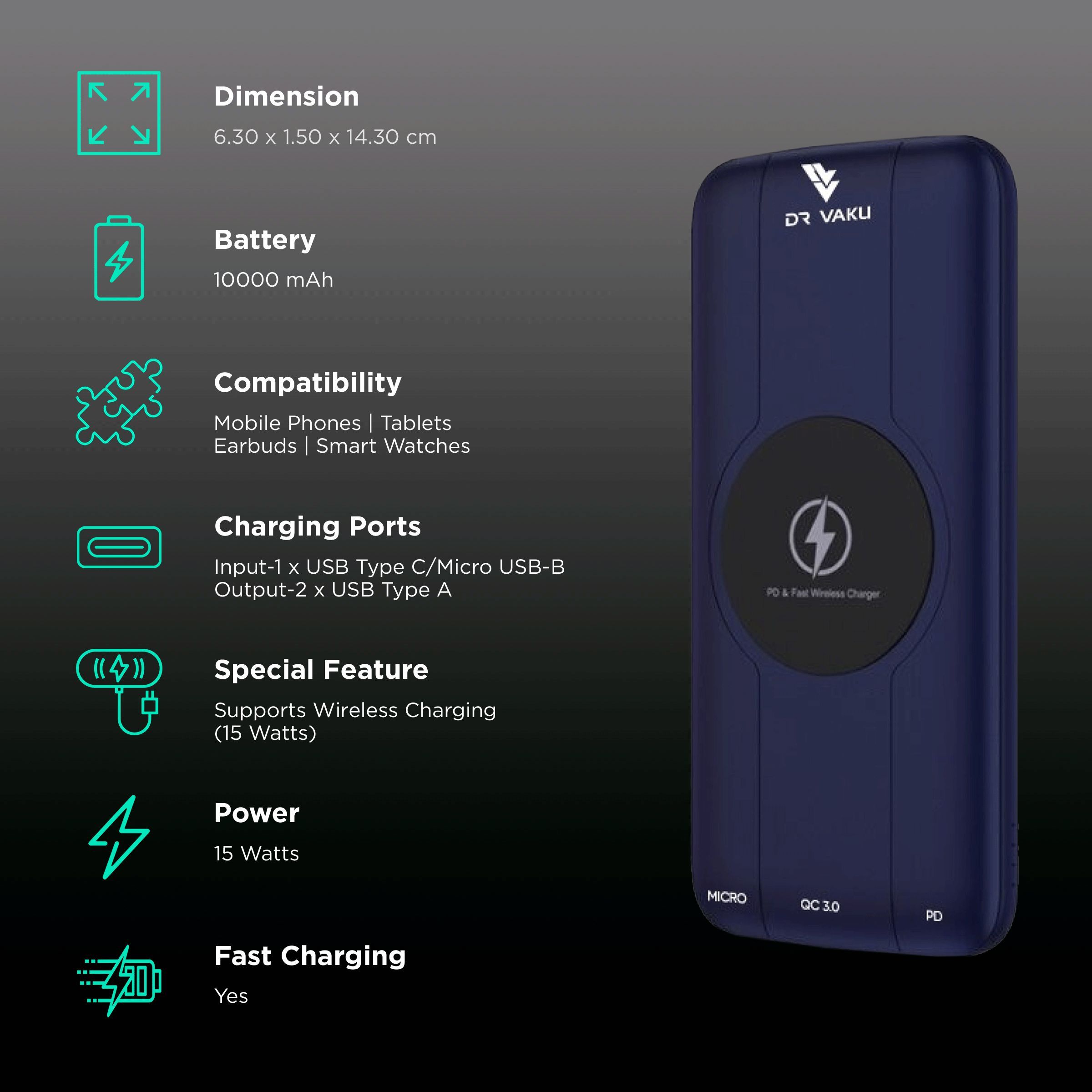 Vaku Rapid OS 10000 mAh 15W Fast Charging Power Bank (1 Micro USB Type B, 1 Type C & 2 Type A Ports, Wireless Charging, Blue)_3