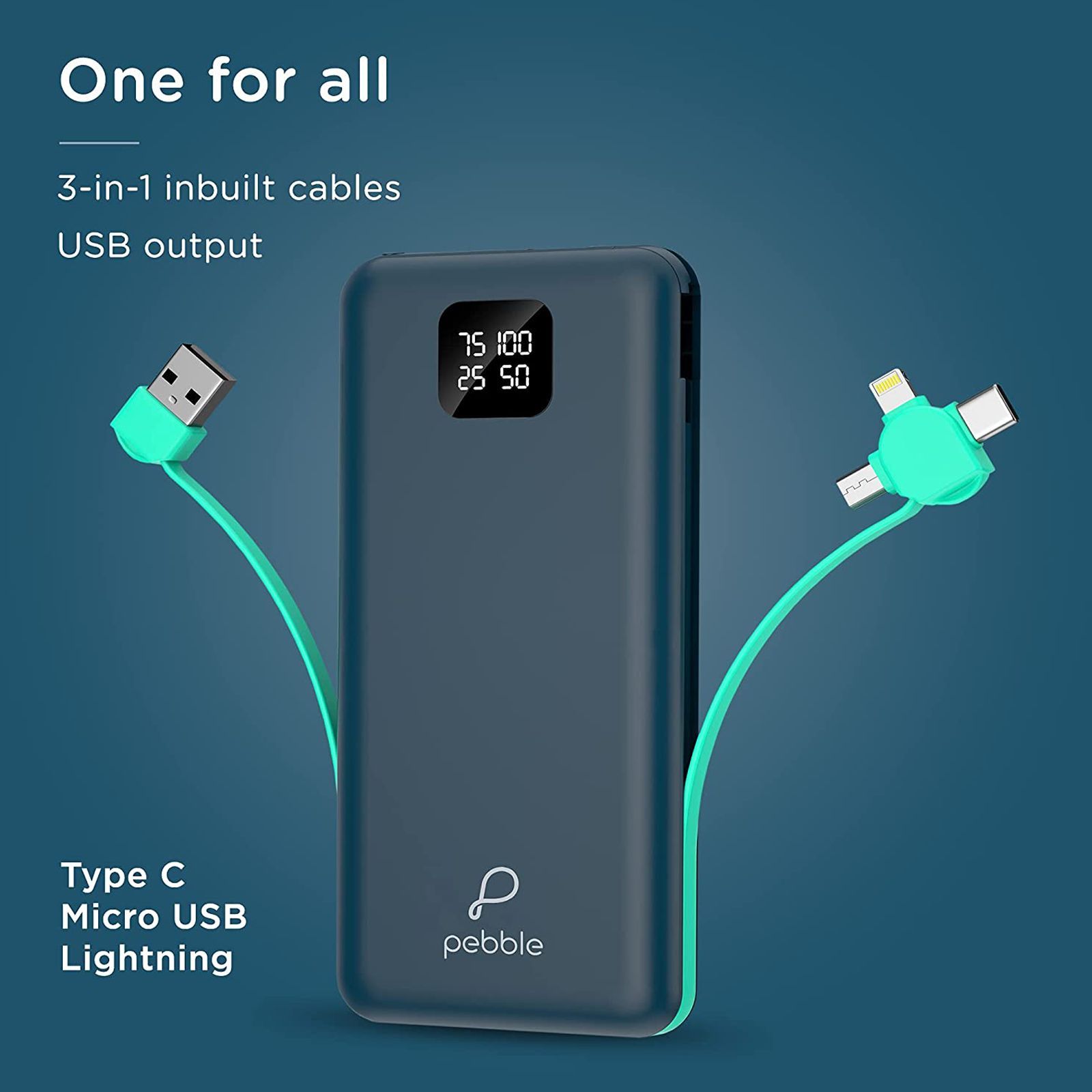 Pebble Ace Pro 10000 mAh 12W Fast Charging Power Bank (1 Micro USB Type B, 1 Type C, 1 Type A & 1 Lightning Ports, Digital LED Indicator, Blue)_9