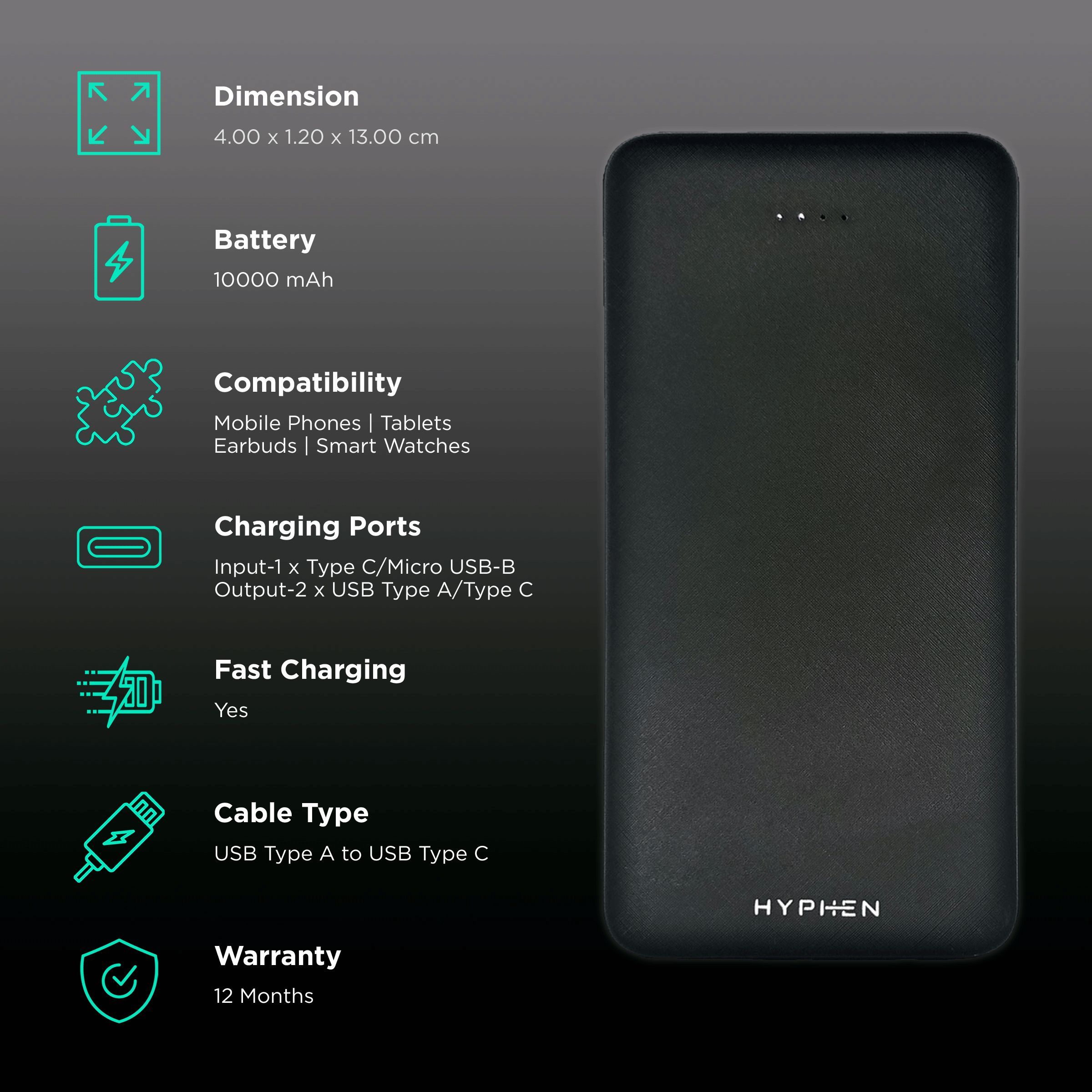 Hyphen 10000 mAh Fast Charging Power Bank (1 Micro USB Type B, 1 Type C & 2 Type A Ports, Exquisite Design, Black)_2