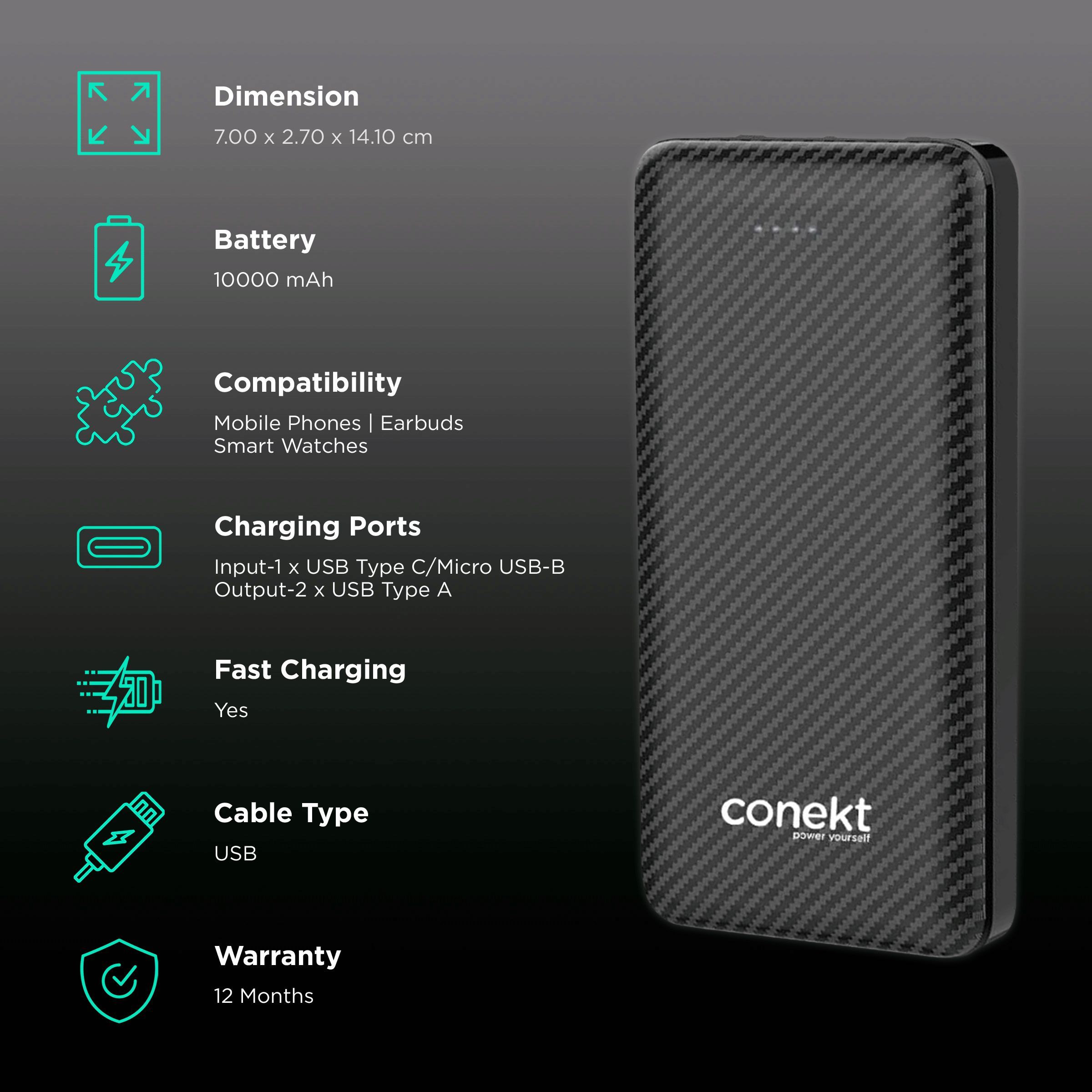 conekt Zeal Proton Pro 10000 mAh Fast Charging Power Bank (1 Micro USB Type B, 1 Type C & 2 Type A Ports, ABS Casing, LED Charging Indicator, Black) conekt Zeal Proton Pro 10000 mAh Fast Charging Power Bank (1 Micro USB Type B, 1 Type C & 2 Type A Ports, ABS Casing, LED Charging Indicator, Black)_3
