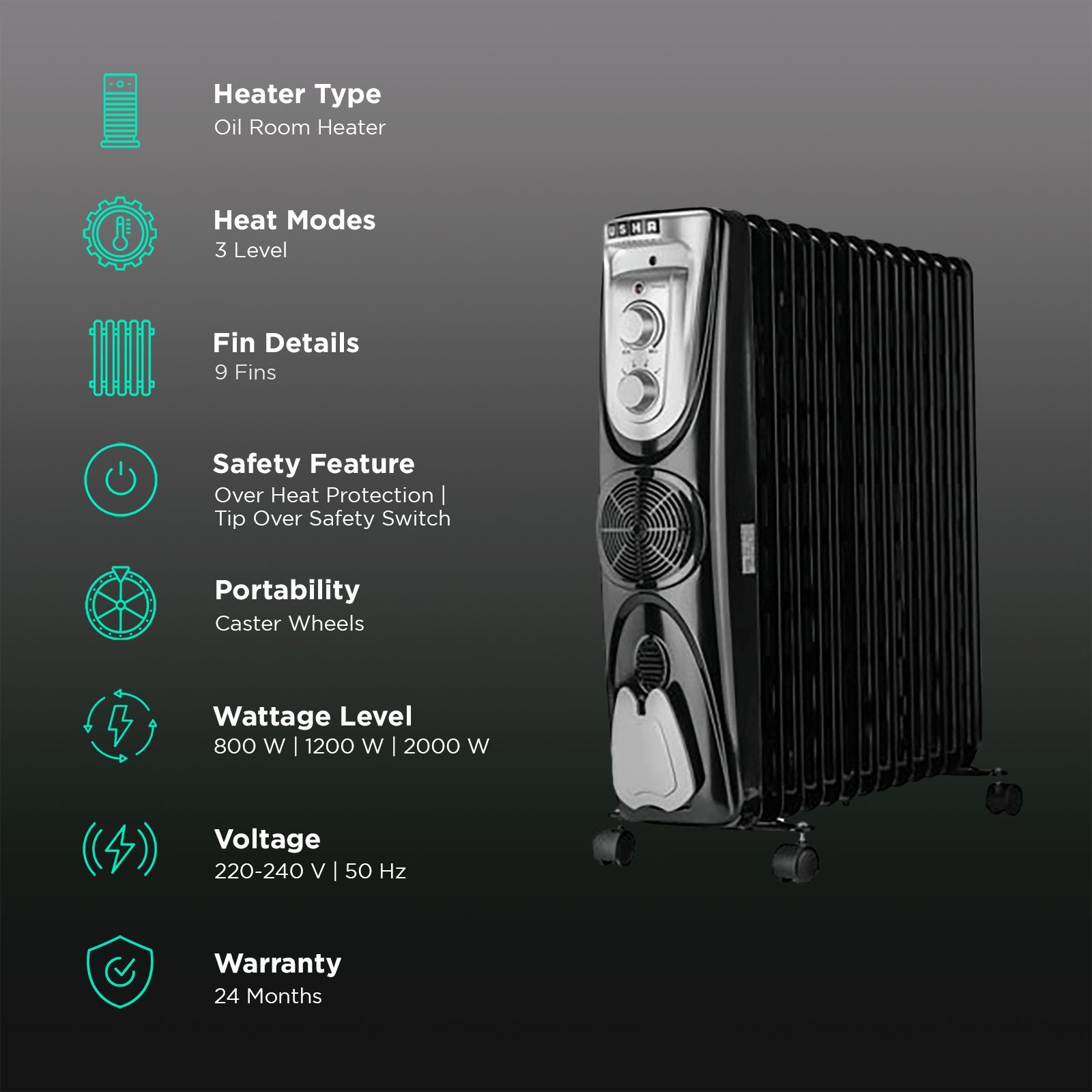 USHA 3809 F 2000W PTC Oil Filled Radiator Room Heater with 9 Fins (Adjustable Thermostat_3